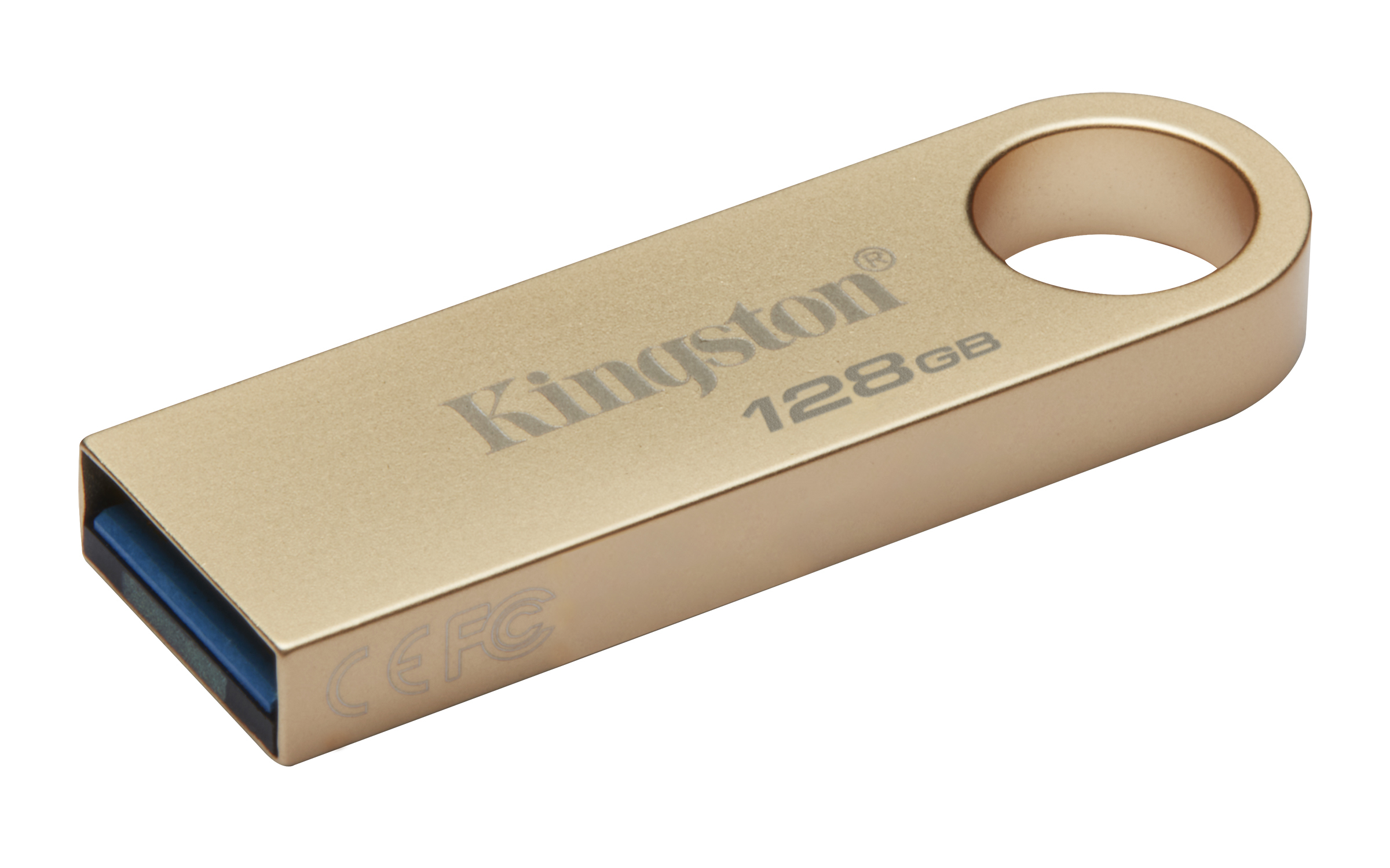 Złoty pendrive, marka Kingston, 128GB. Niebieska końcówka złącza. Białe tło.