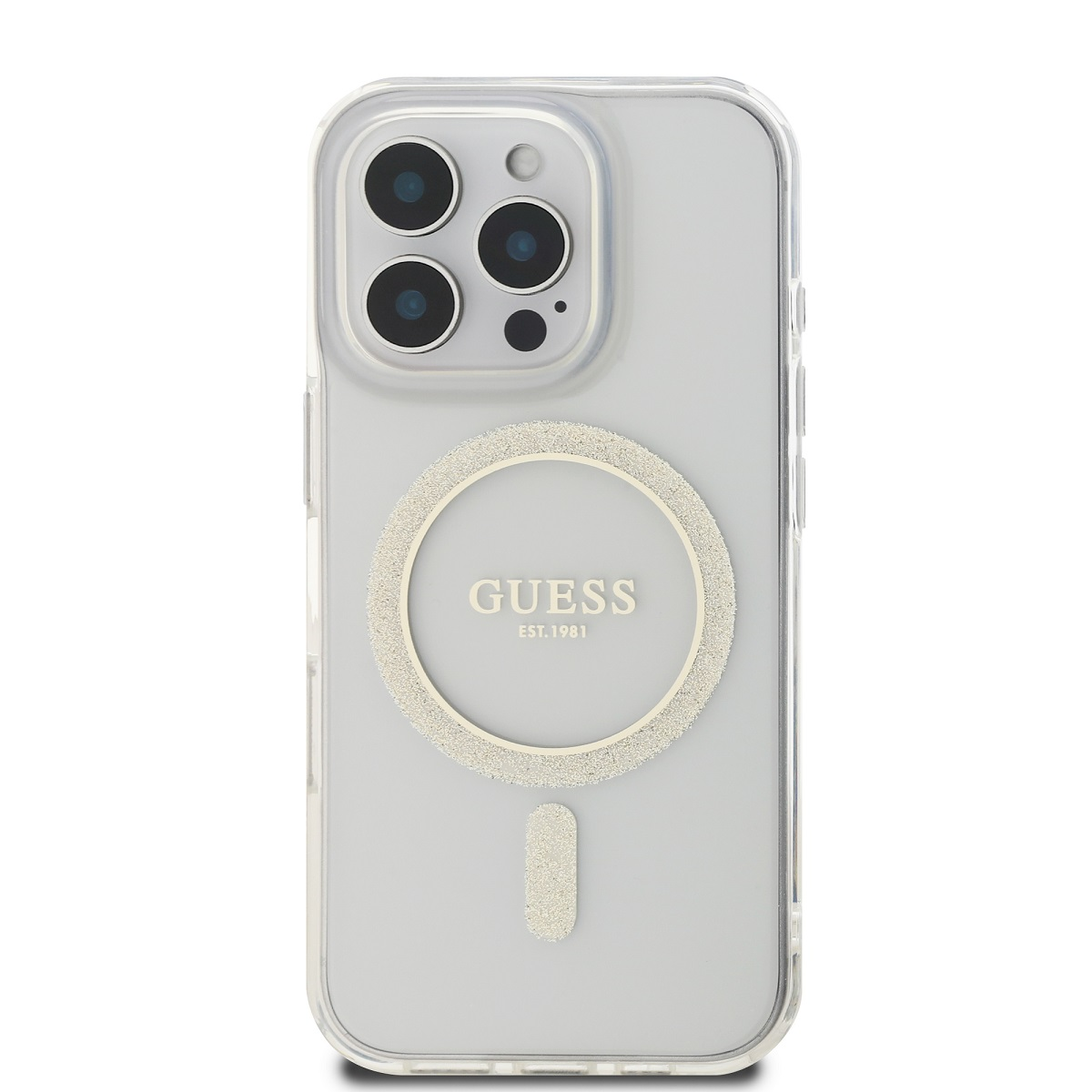 Custodia trasparente per telefono con un cerchio magnetico e un logo Guess.