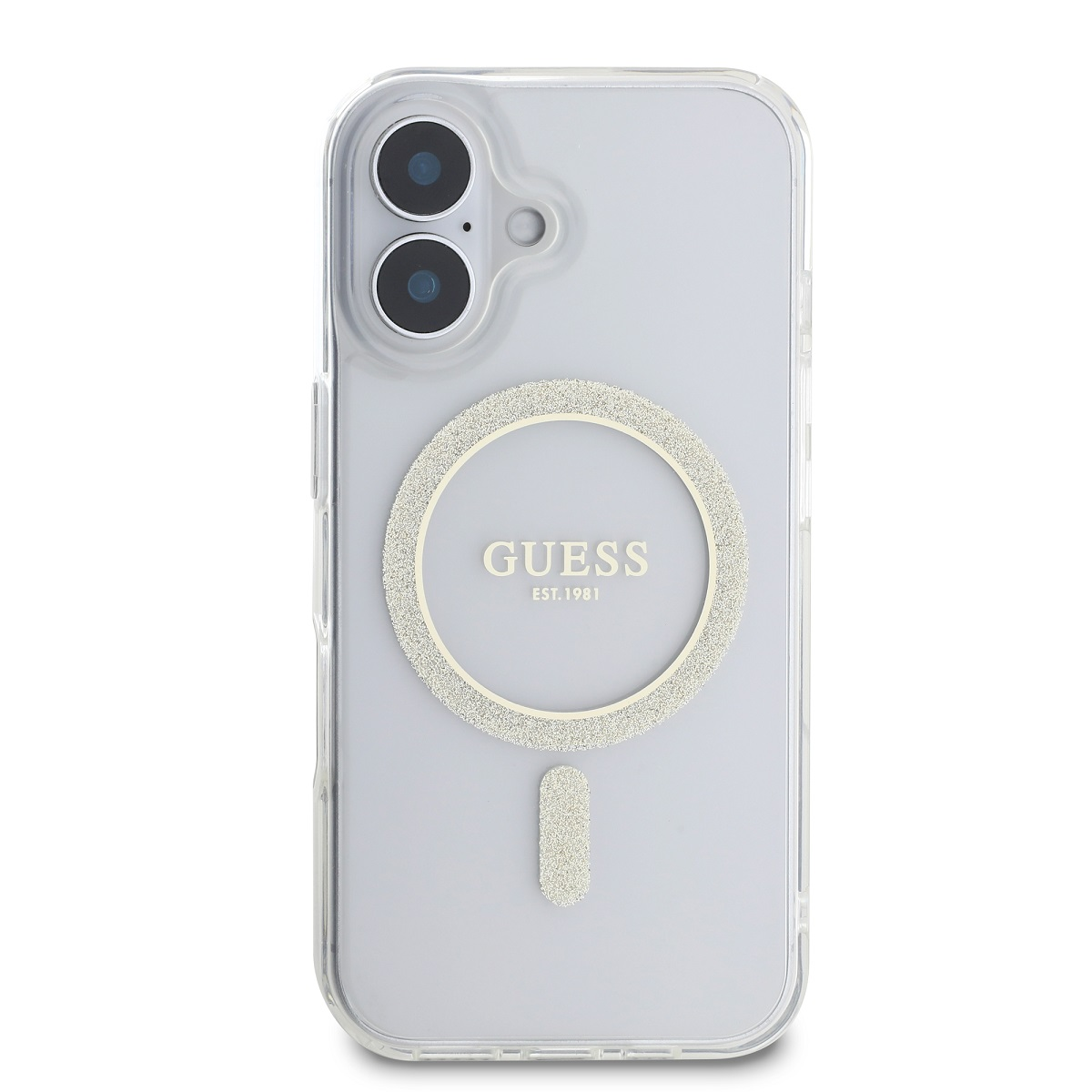 Custodia trasparente per telefono con un cerchio magnetico e un logo Guess.
