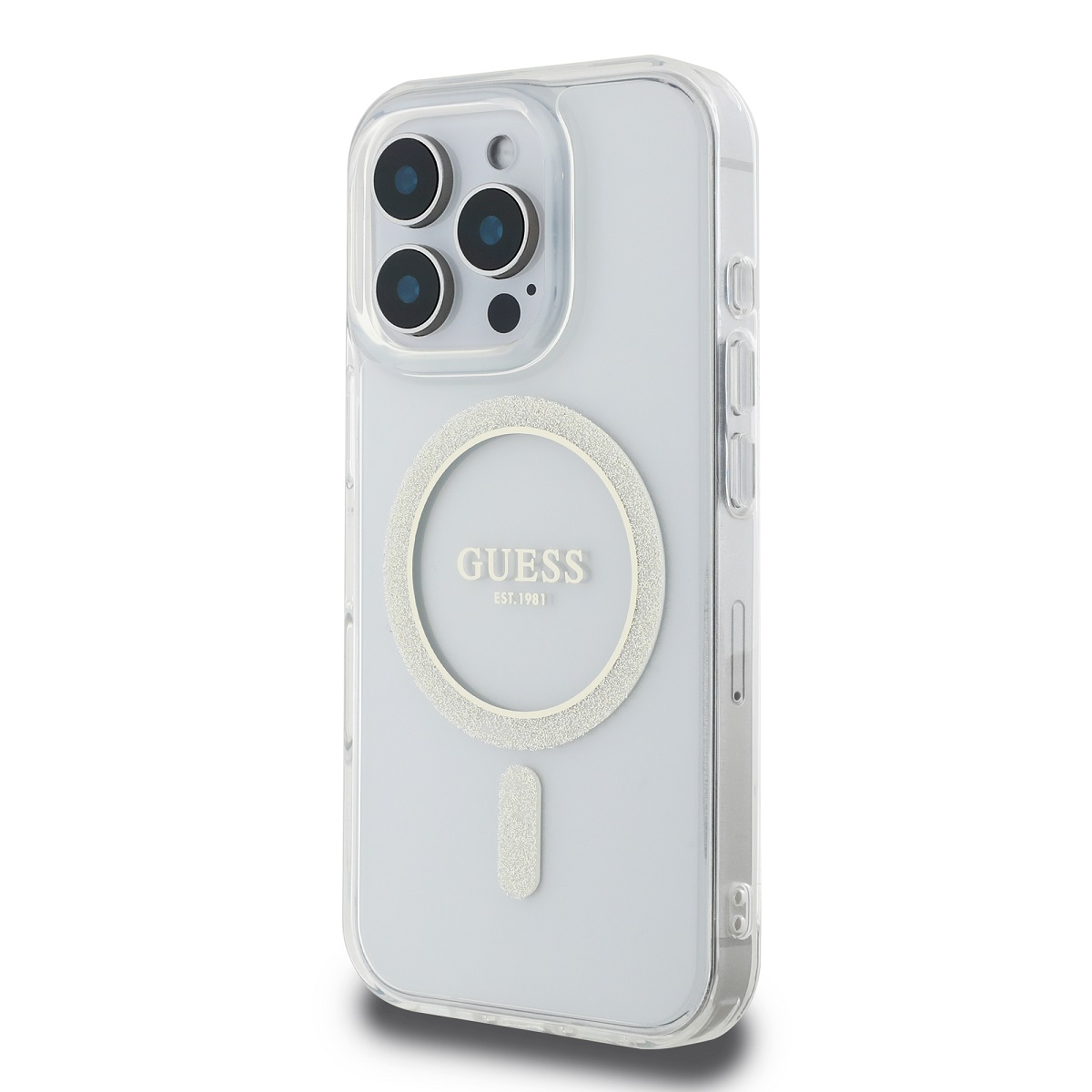 Un iPhone azzurro in una custodia trasparente con logo Guess e anello glitterato argentato attorno al punto di ricarica.
