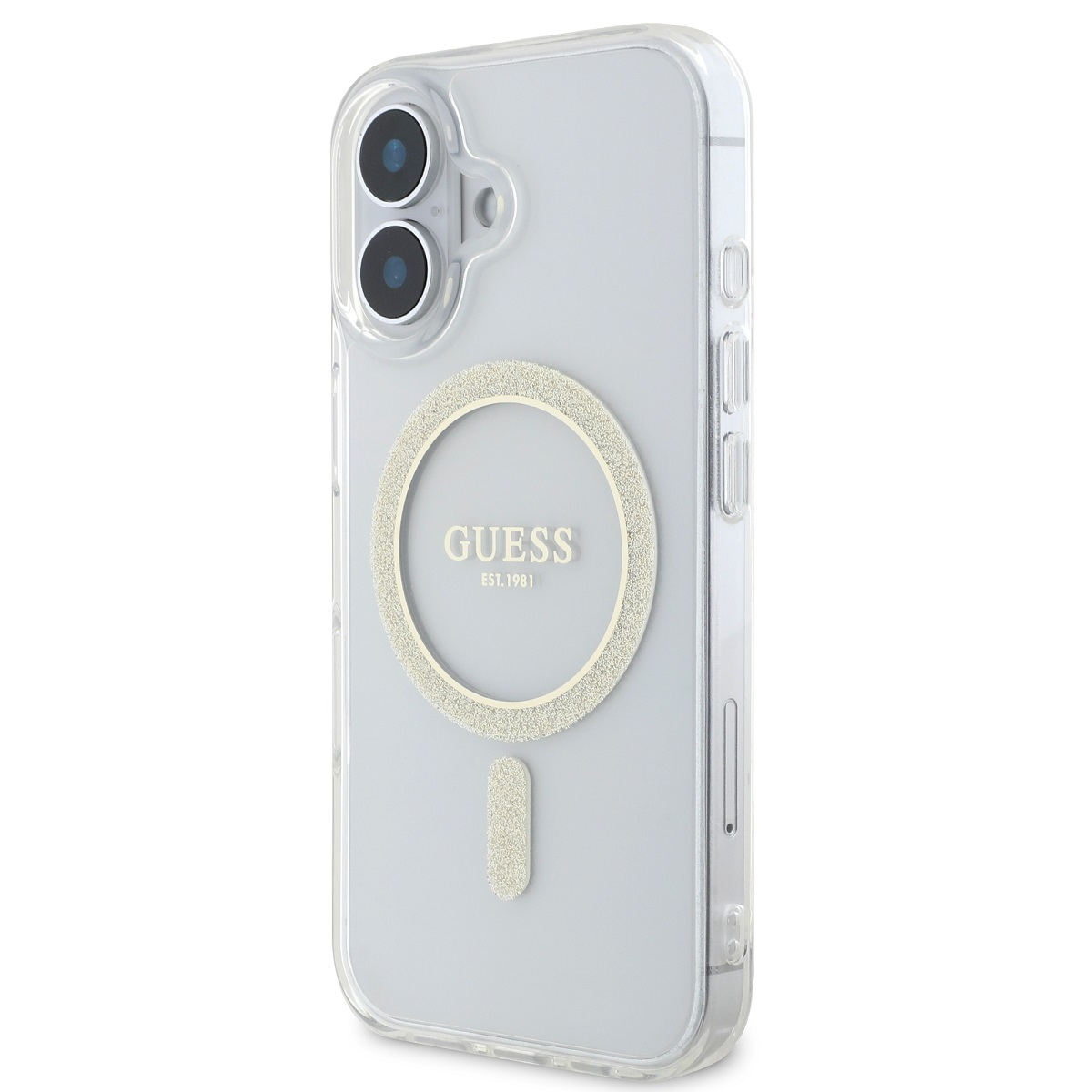 Un iPhone azzurro in una custodia trasparente con logo Guess e anello glitterato argentato attorno al punto di ricarica.