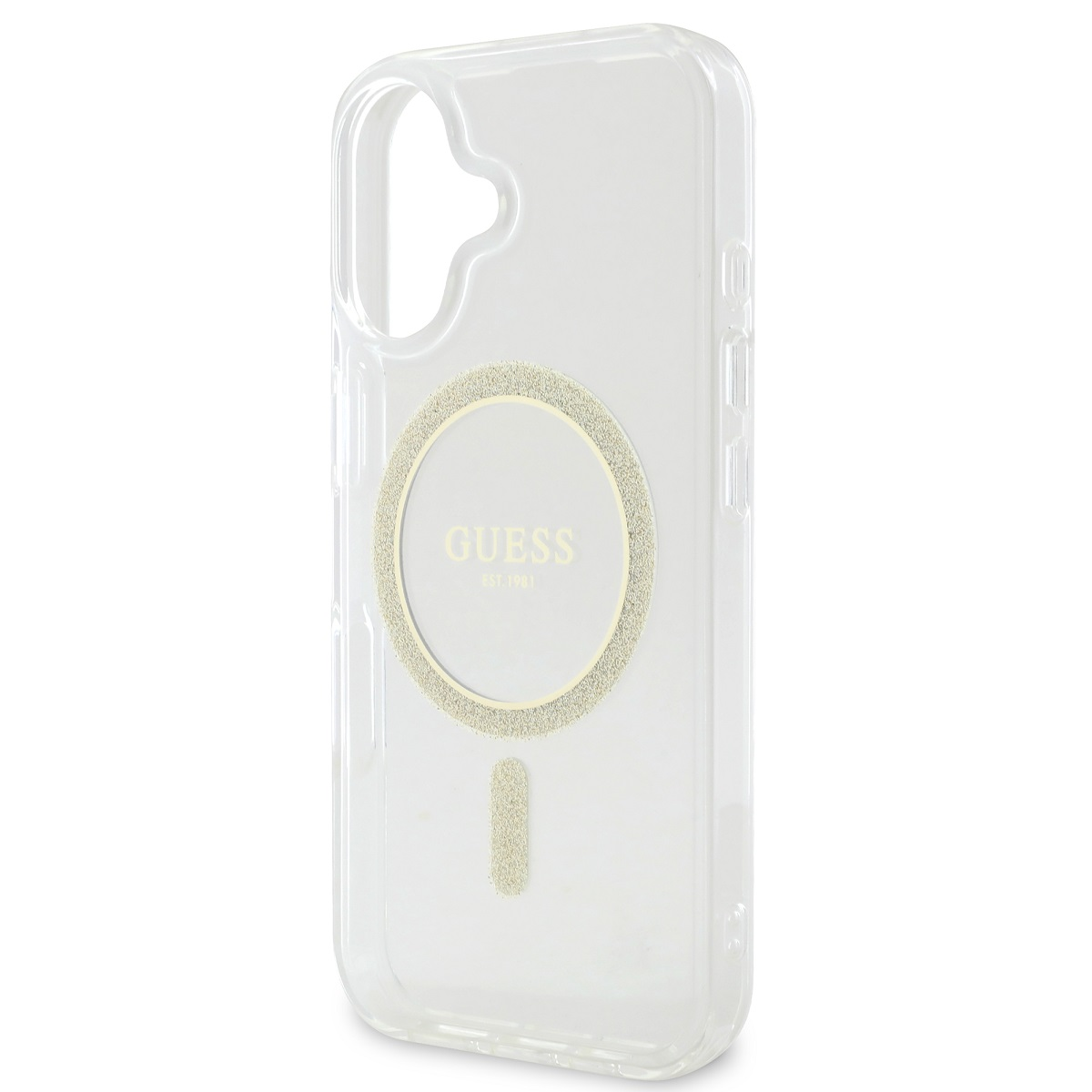 Custodia trasparente per telefono con logo Guess sul retro. La custodia ha un anello attorno al logo e un piccolo anello sotto.