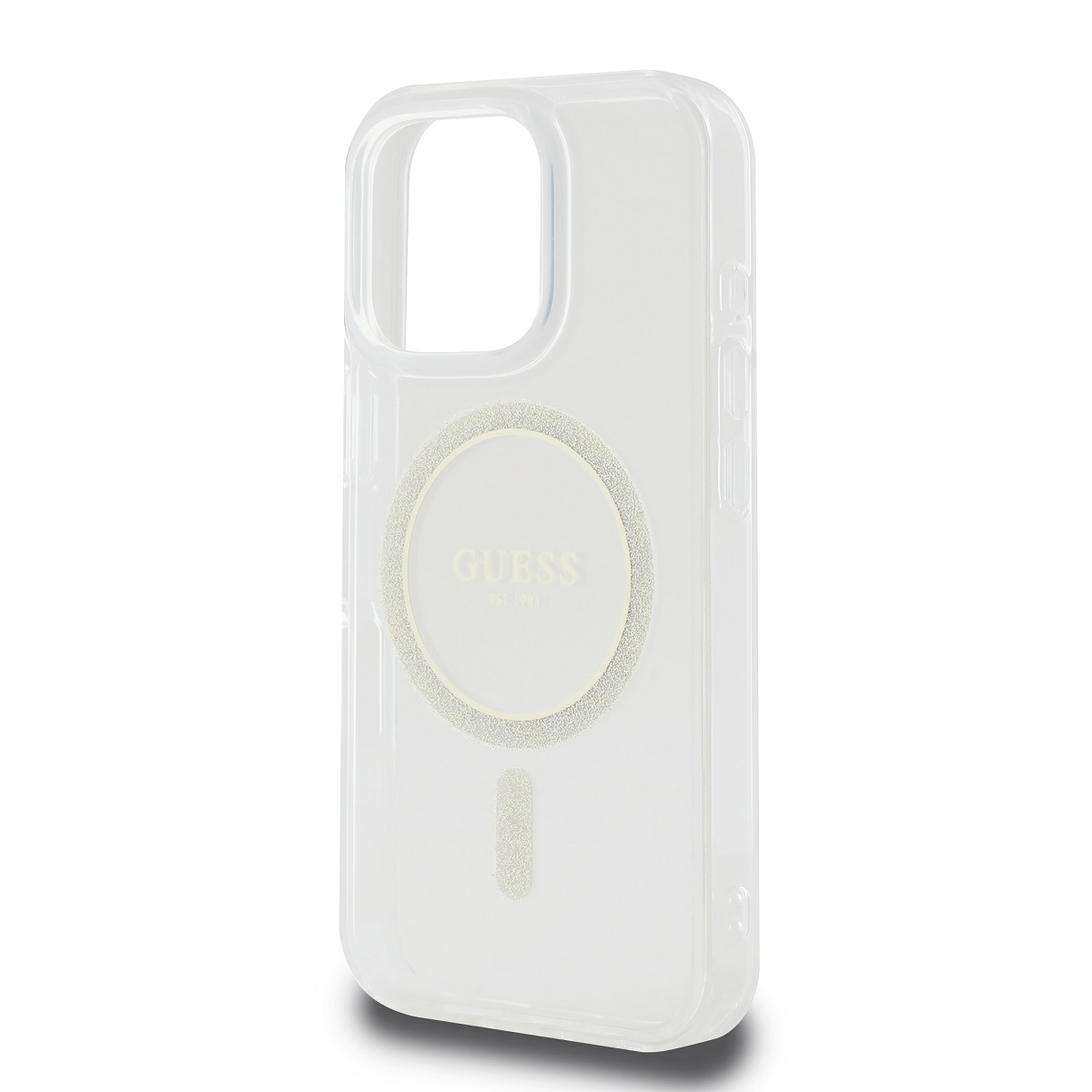 Custodia trasparente per iPhone con logo Guess e dettagli glitterati. La custodia è trasparente, sfondo bianco.