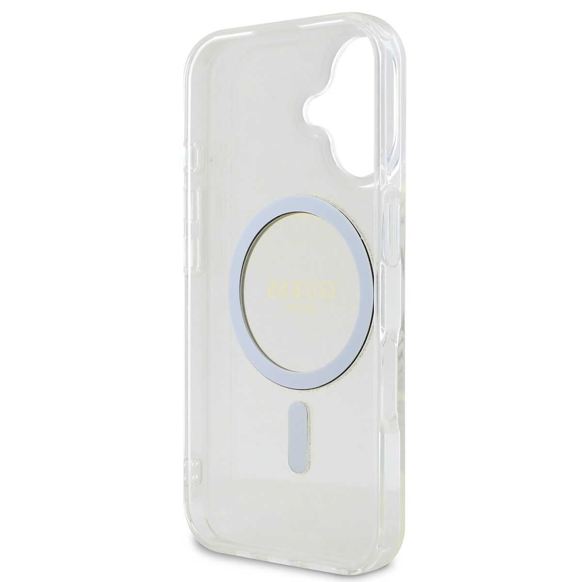 Custodia trasparente per telefono con anello magnetico e logo Guess. Sfondo bianco.