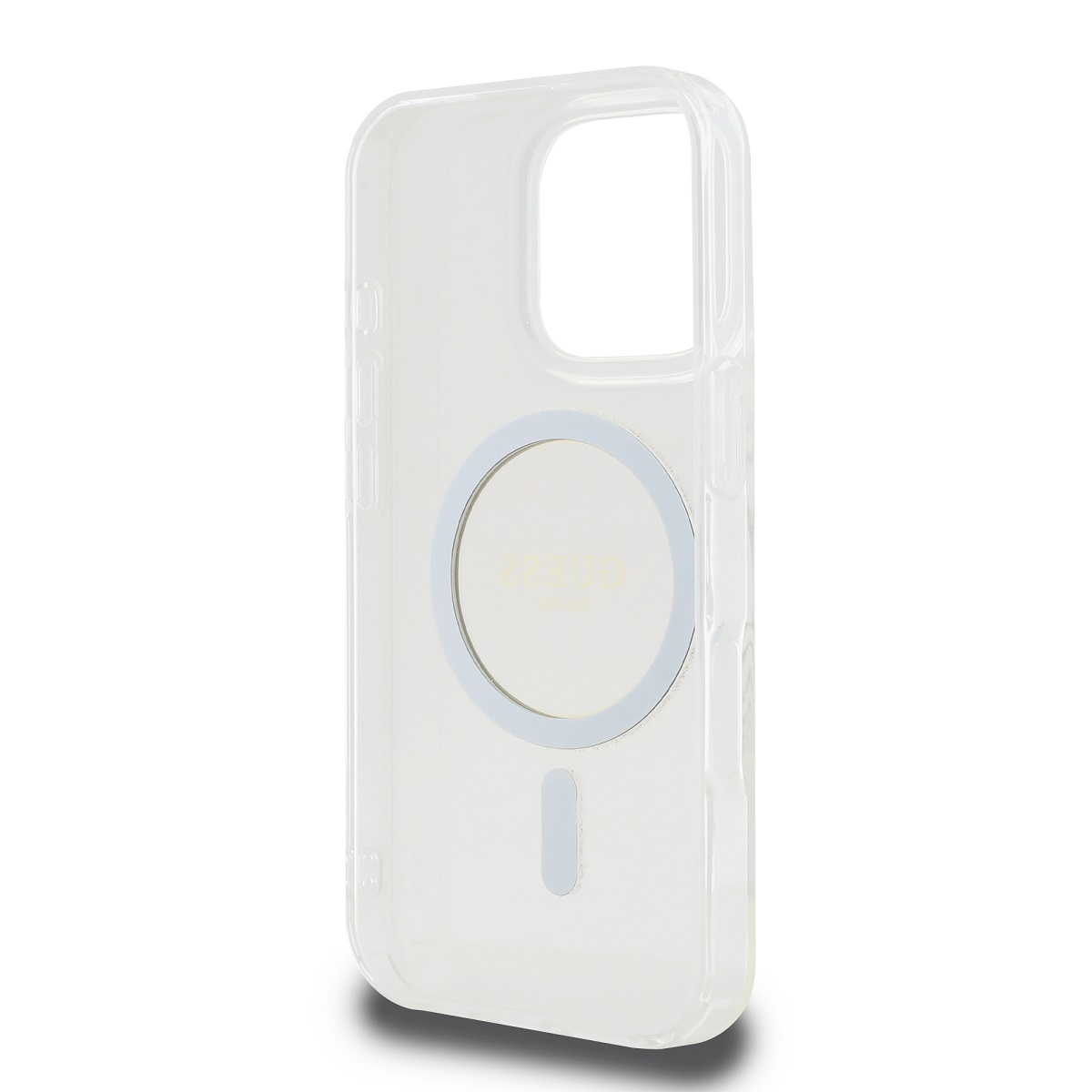 Custodia trasparente per iPhone con un cerchio bianco sul retro.
