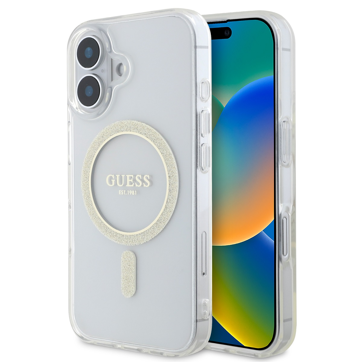 iPhone in custodia trasparente con logo Guess. Il telefono mostra uno sfondo astratto blu e bianco.