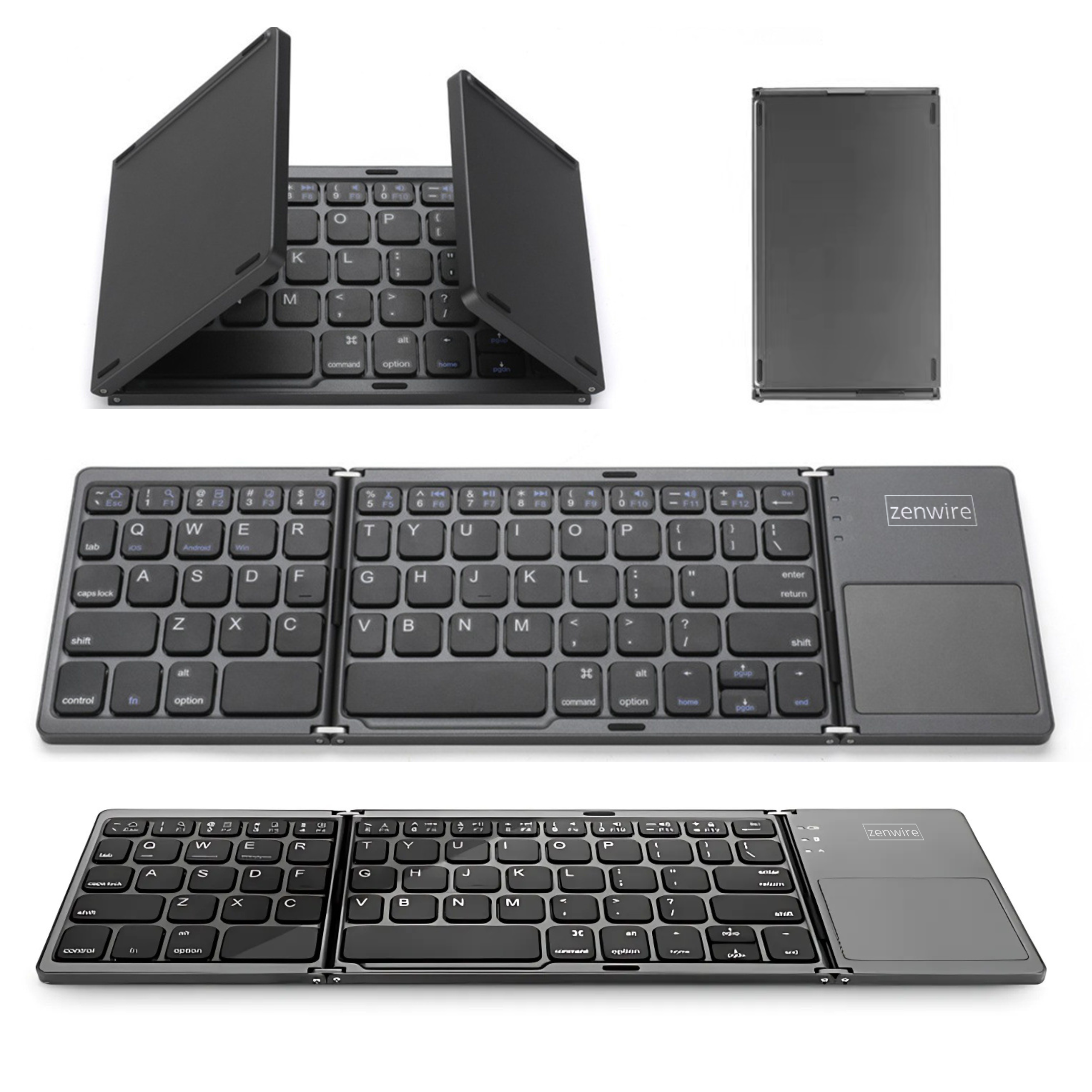 Czarna, składana klawiatura z panelem dotykowym. Posiada klawisze z nadrukowanymi literami i symbolami, pozycje otwarte i zamknięte.