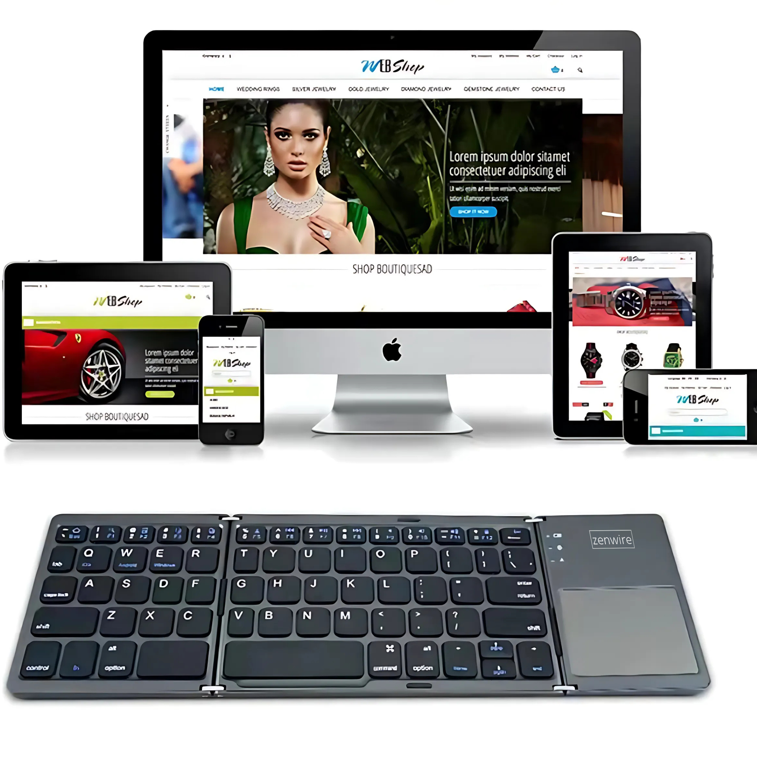 Wiele urządzeń wyświetlających stronę internetową i składaną klawiaturę z touchpadem.