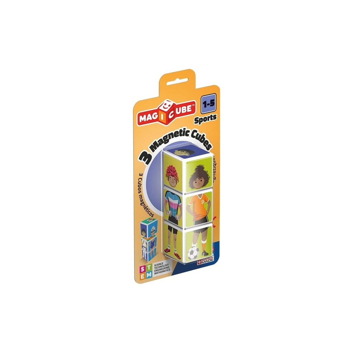 Cubetti magnetici in una scatola. Immagini di bambini che praticano sport.