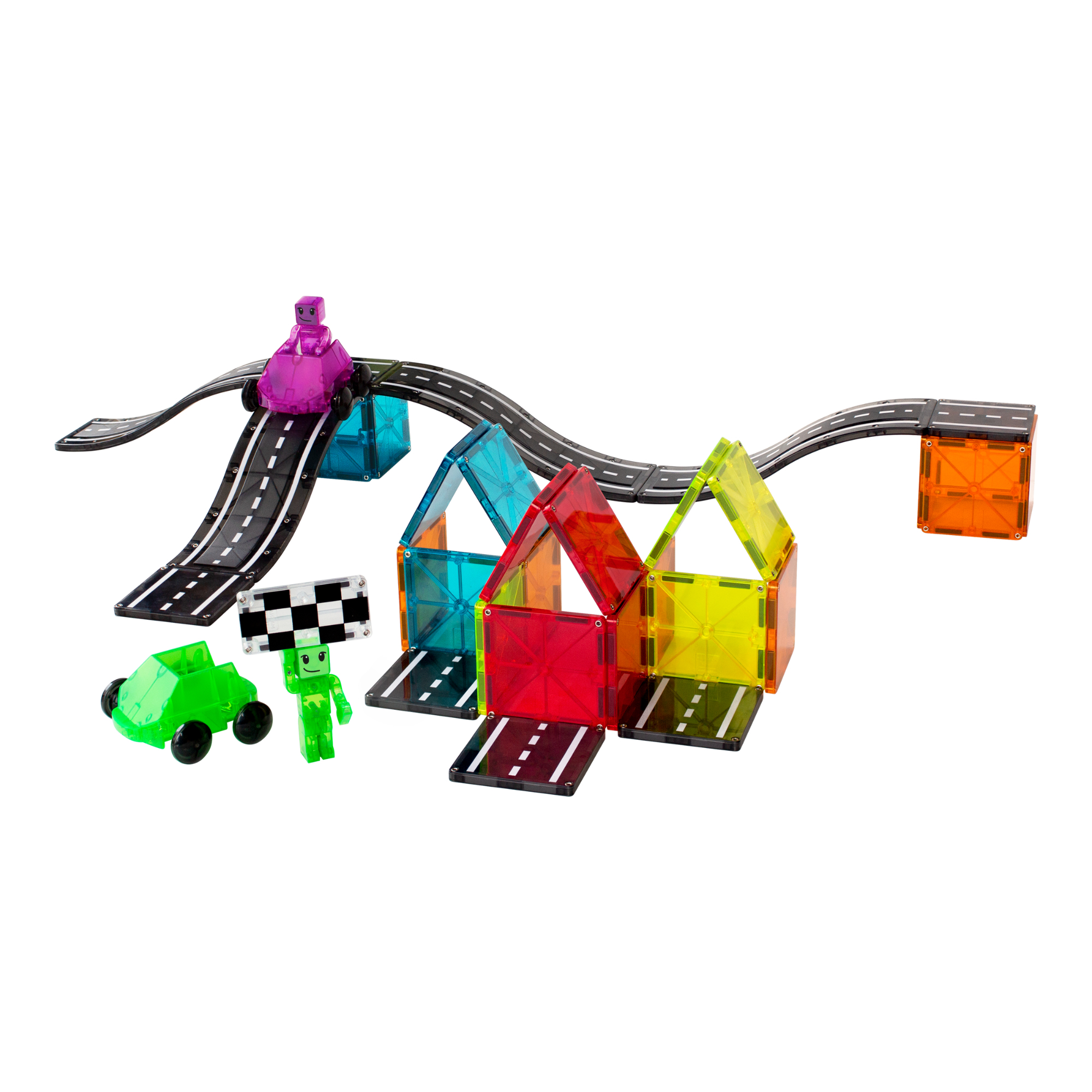 Piste de jouets avec voitures, maisons et figurines. La scène est sur une surface blanche.