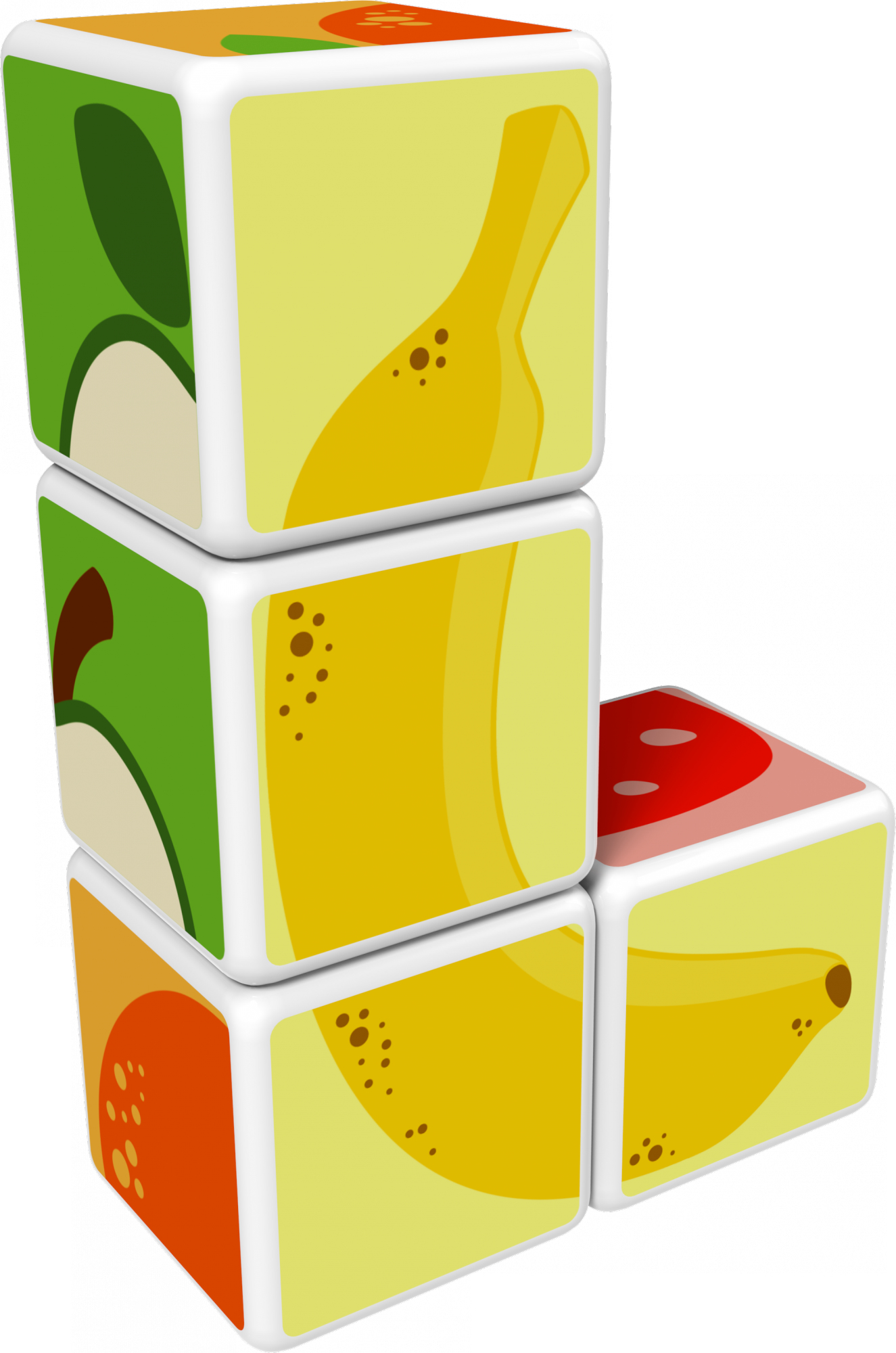 Blocchi di frutta impilati. Sopra: mela. Centro: banana. Sotto: arancia. Blocco adiacente: banana, frutta rossa.