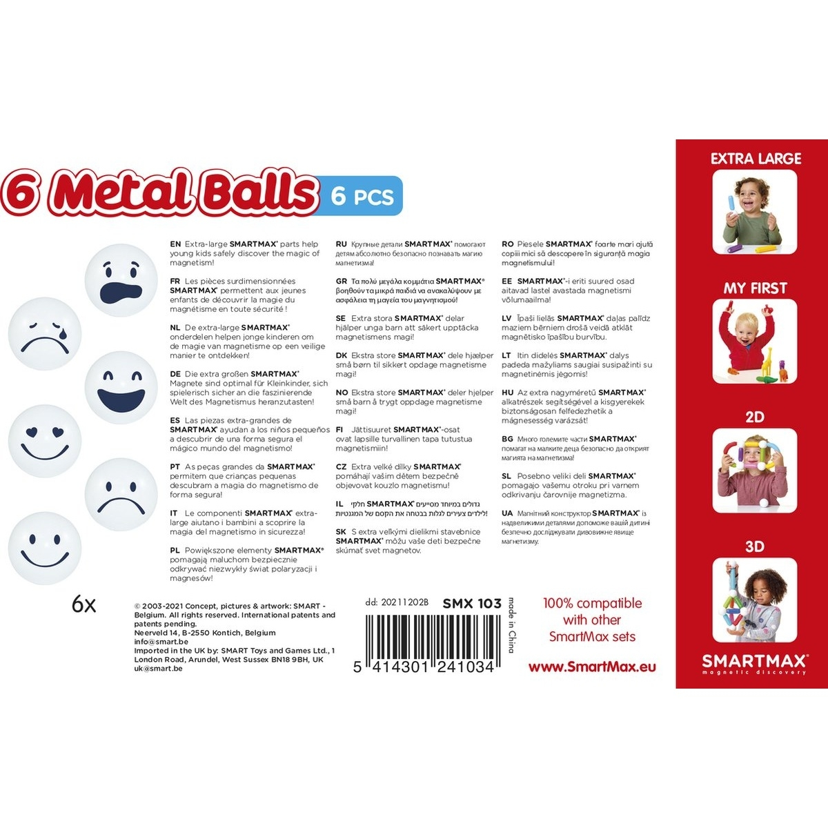 Confezione con 6 palline di metallo. La grafica mostra volti con emozioni diverse. Testo in più lingue.