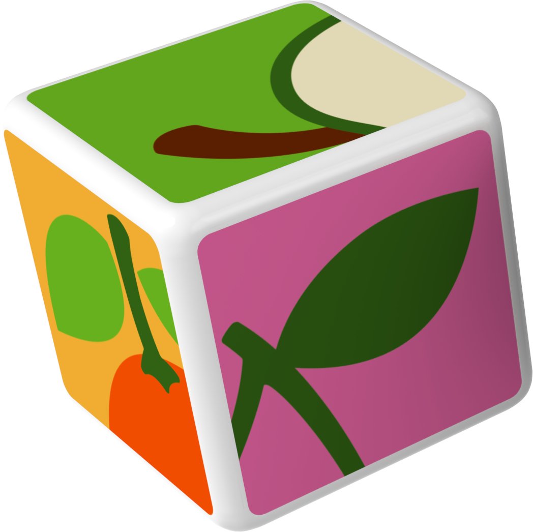 Un cubo con illustrazioni di frutta colorate su ogni lato, su sfondo bianco.