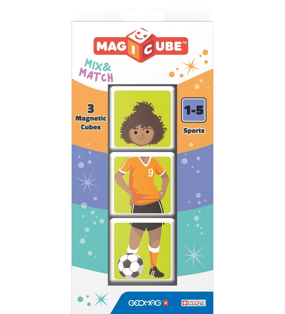 Confezione di giocattoli a cubo magnetico con illustrazioni di facce e un calciatore.