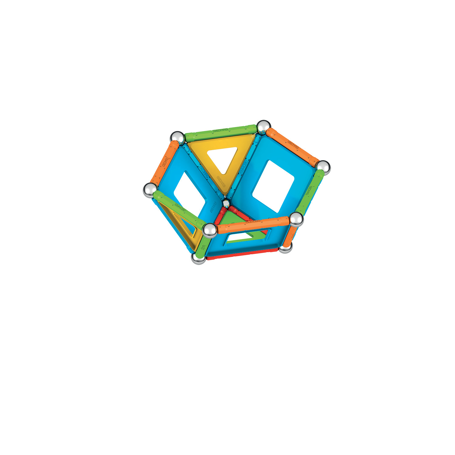 Geometrische Figur aus bunten Stäben und silbernen Verbindern.