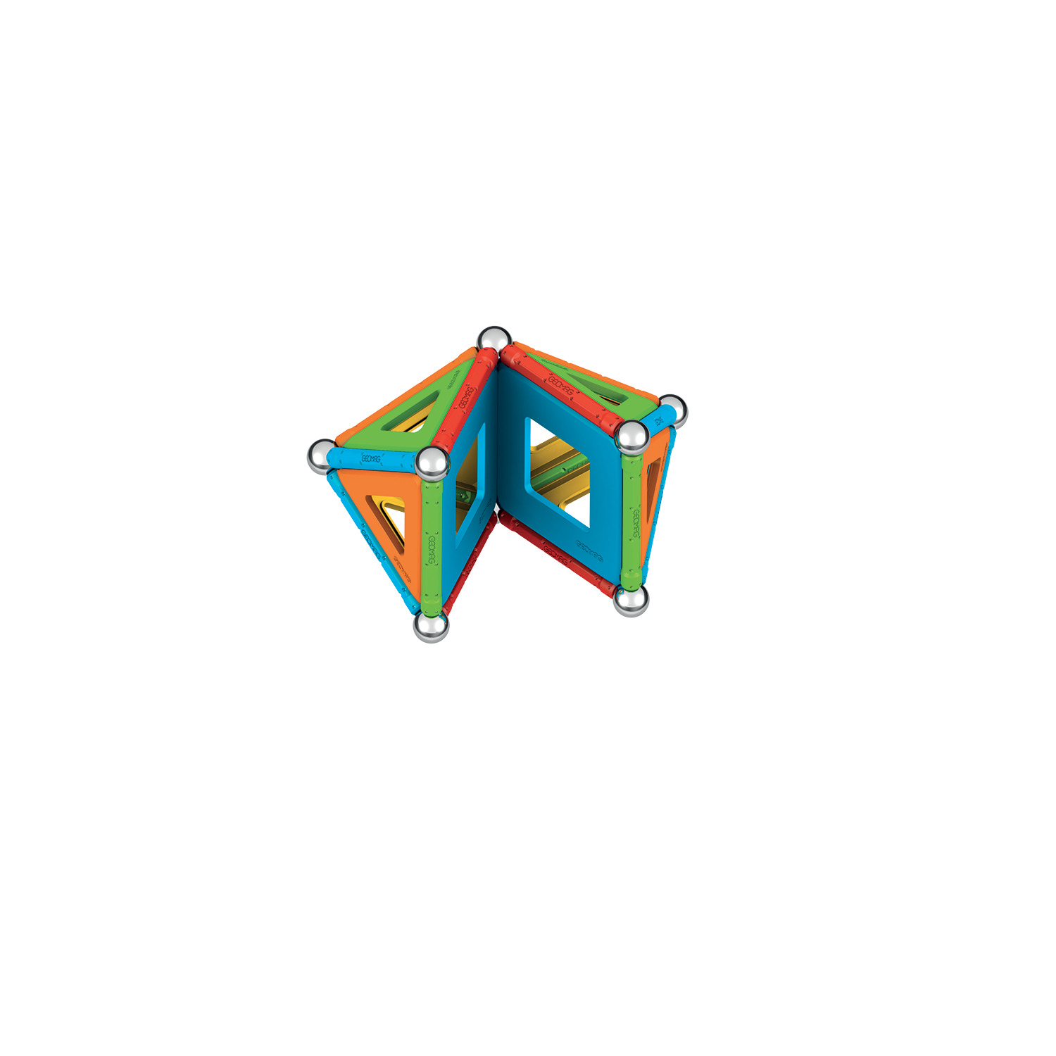 Bunte magnetische Bausteine, die in einer teilweise offenen dreieckigen Struktur angeordnet sind, mit silbernen Verbindern.