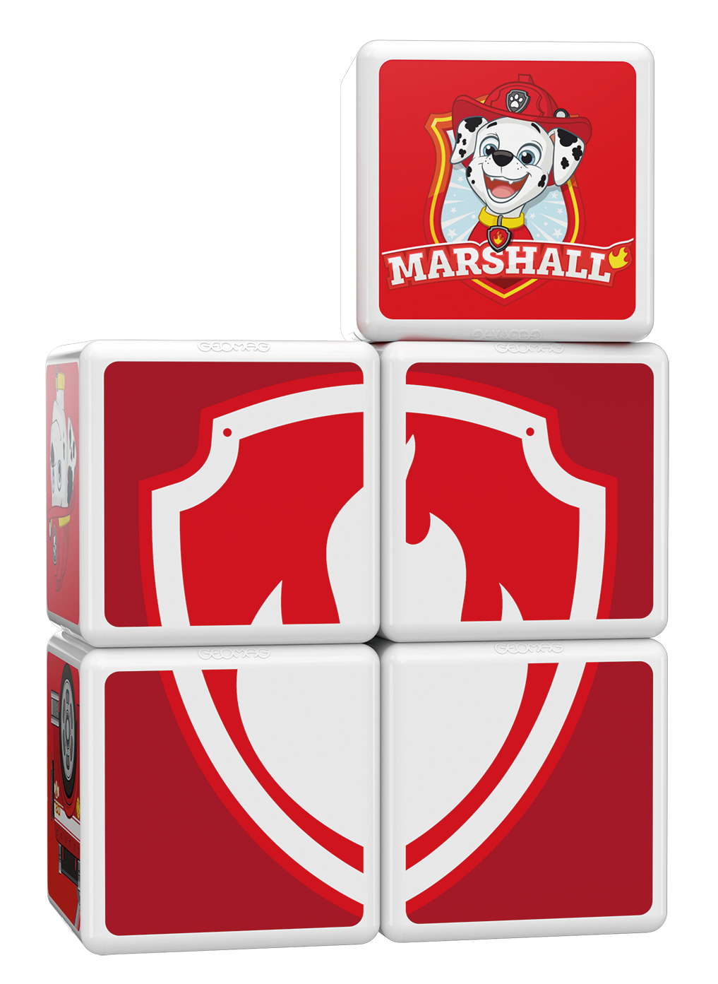 Blocs de jouets empilés, avec Marshall de Paw Patrol, avec des icônes de feu et de badge.