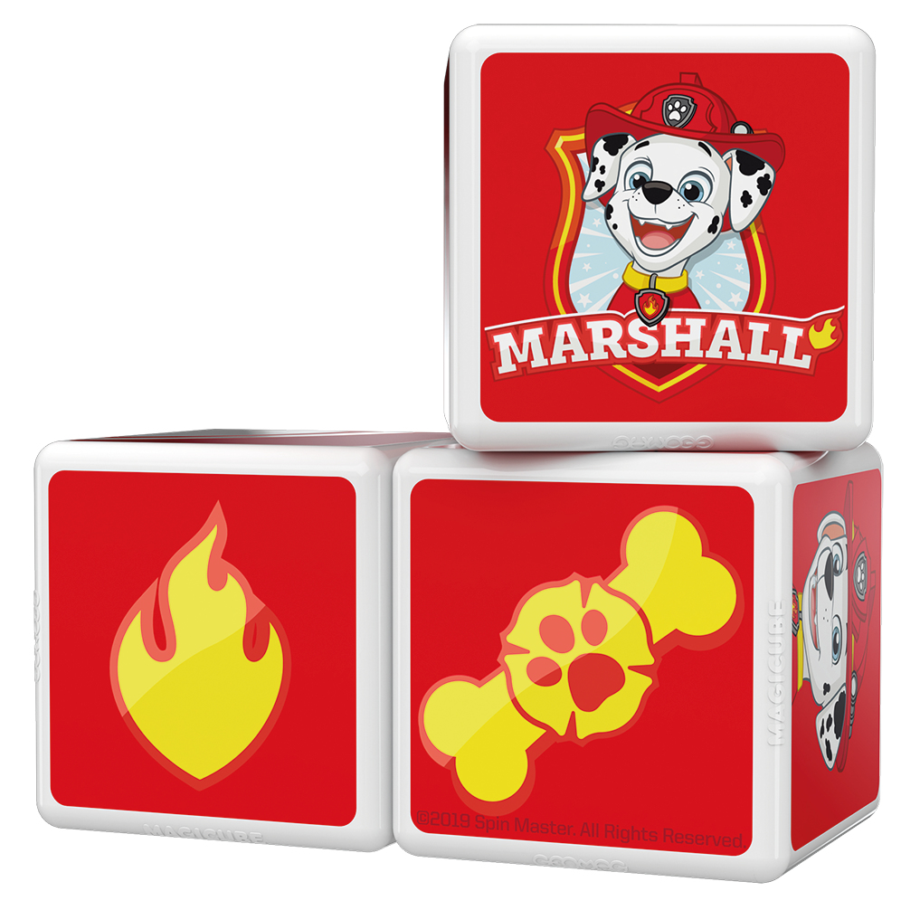 Trois blocs de jouets rouges et blancs. L'un montre Marshall de Paw Patrol. D'autres montrent une empreinte de patte et un feu.