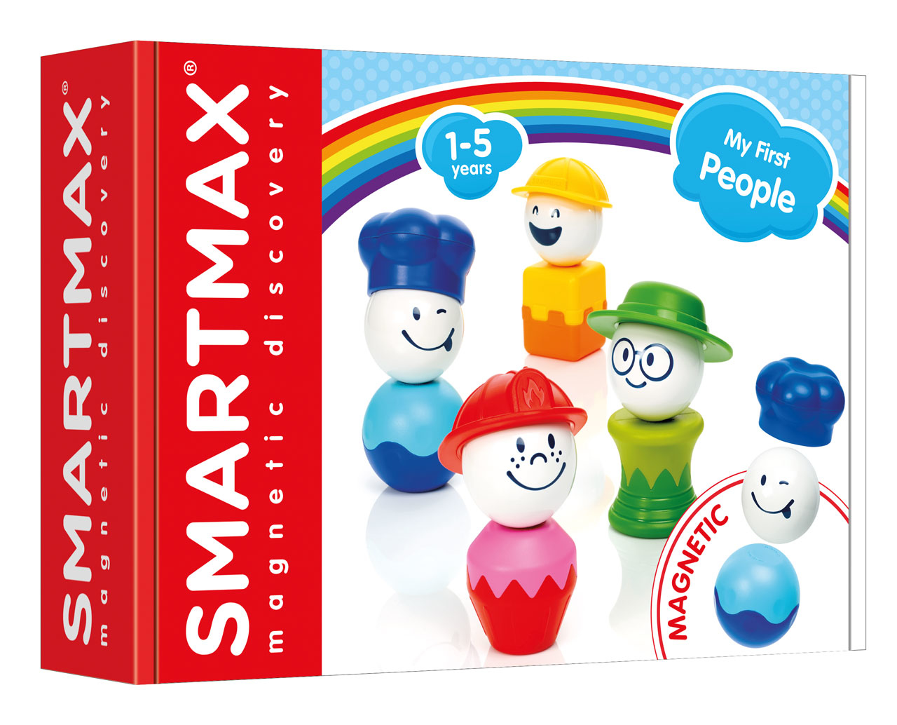 Set di giocattoli Smartmax con figure, scatola con arcobaleno e testo 'My First People'.