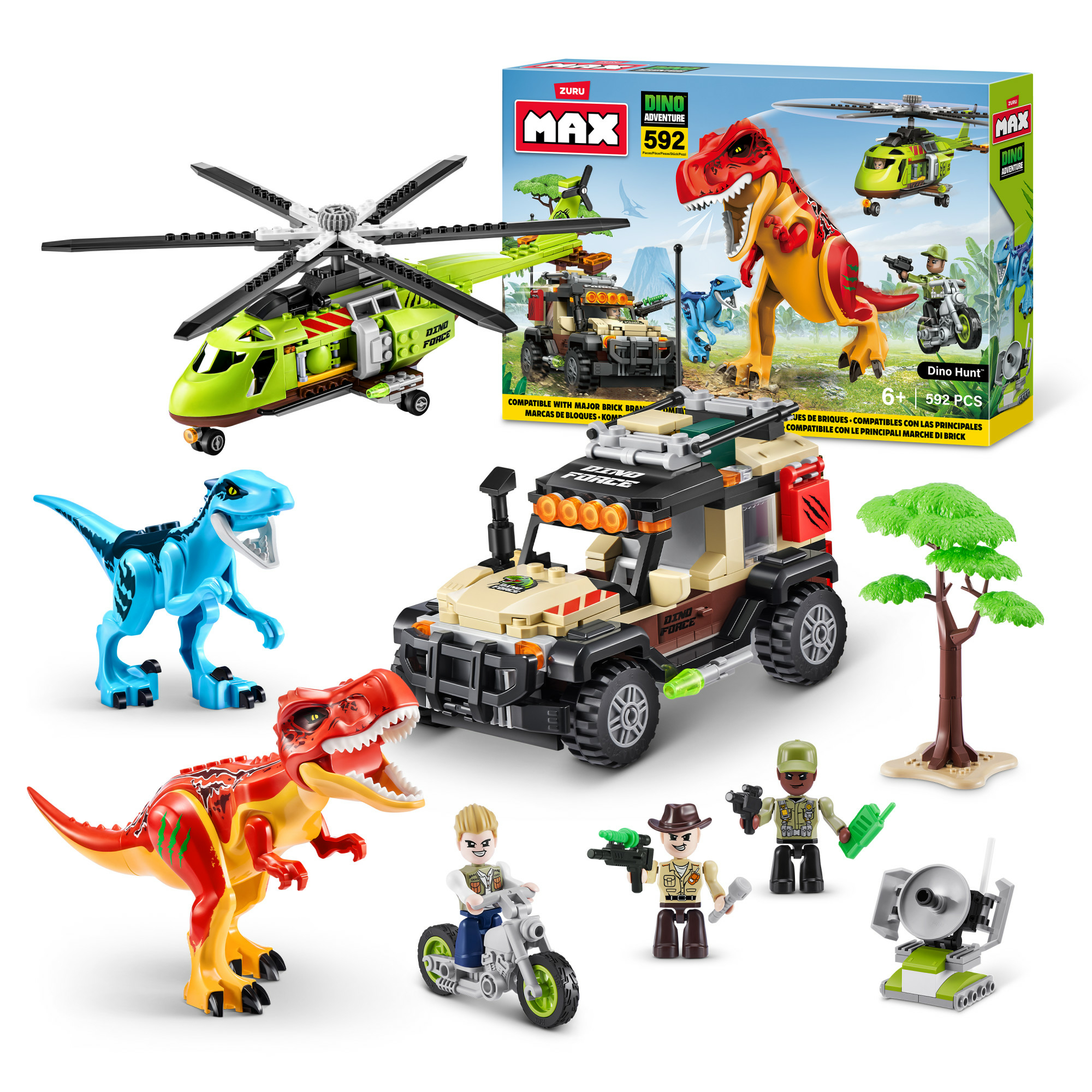 Zestaw zabawek Dino Adventure z dinozaurami, pojazdami, figurkami i helikopterem na białym tle.