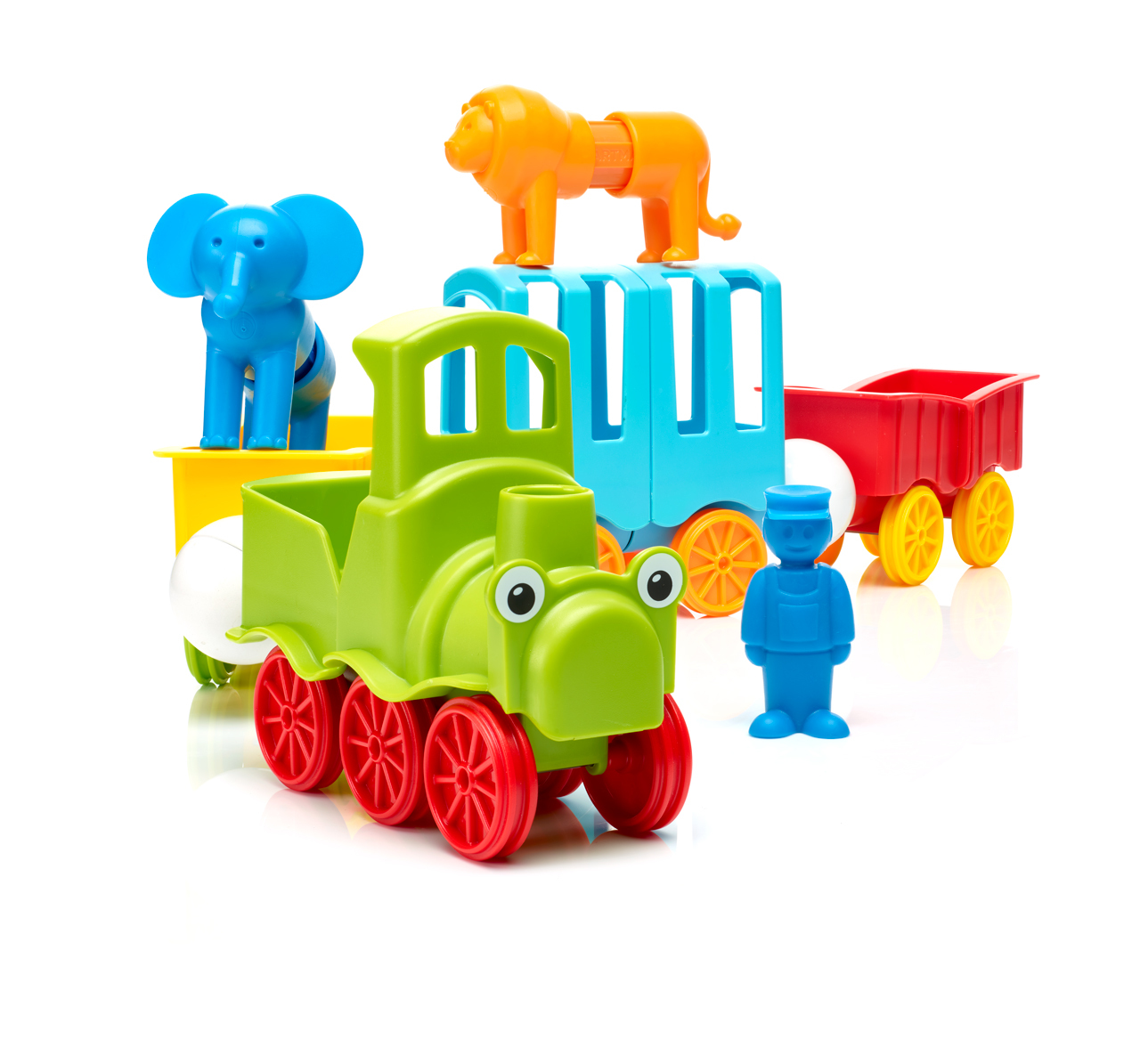 Zestaw zabawek kolejowych z zieloną lokomotywą, niebieskimi wagonami, zwierzętami i niebieską figurką.