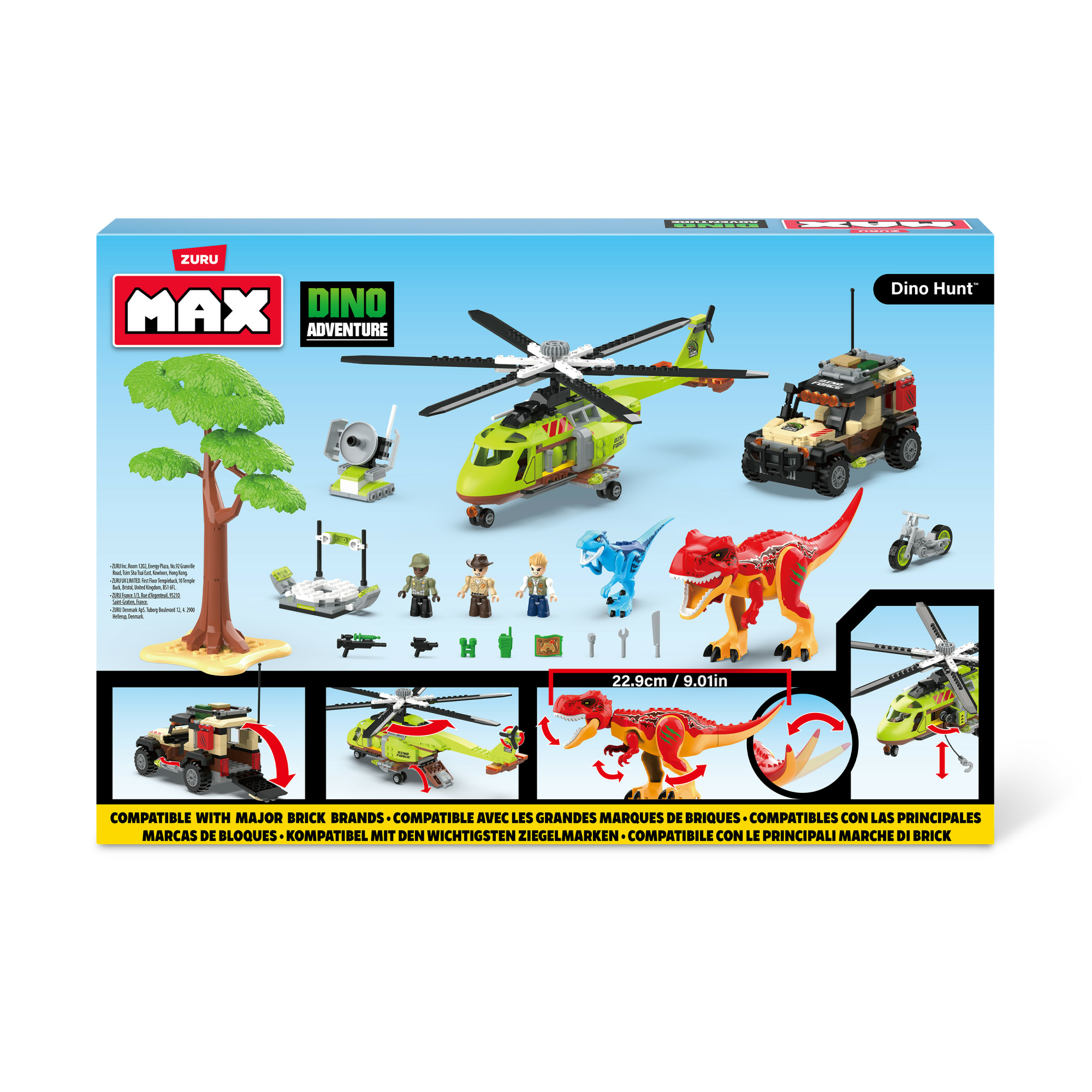 Pudełko z zabawkami dinozaurów. Helikoptery, dinozaury i pojazdy. Tekst: "Dino Adventure" i "Dino Hunt".