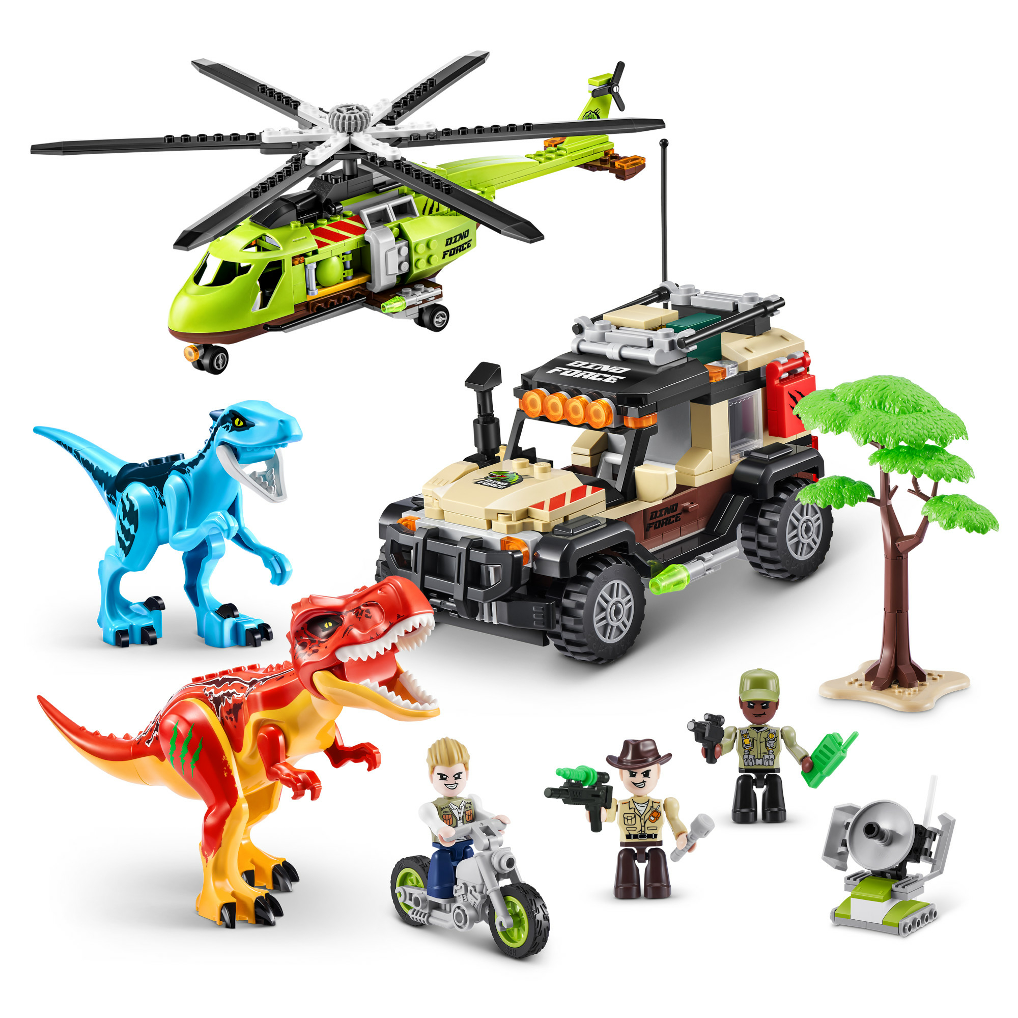 Zestaw zabawek dinozaurów z helikopterem, jeepem, dinozaurami i figurkami. Białe tło.