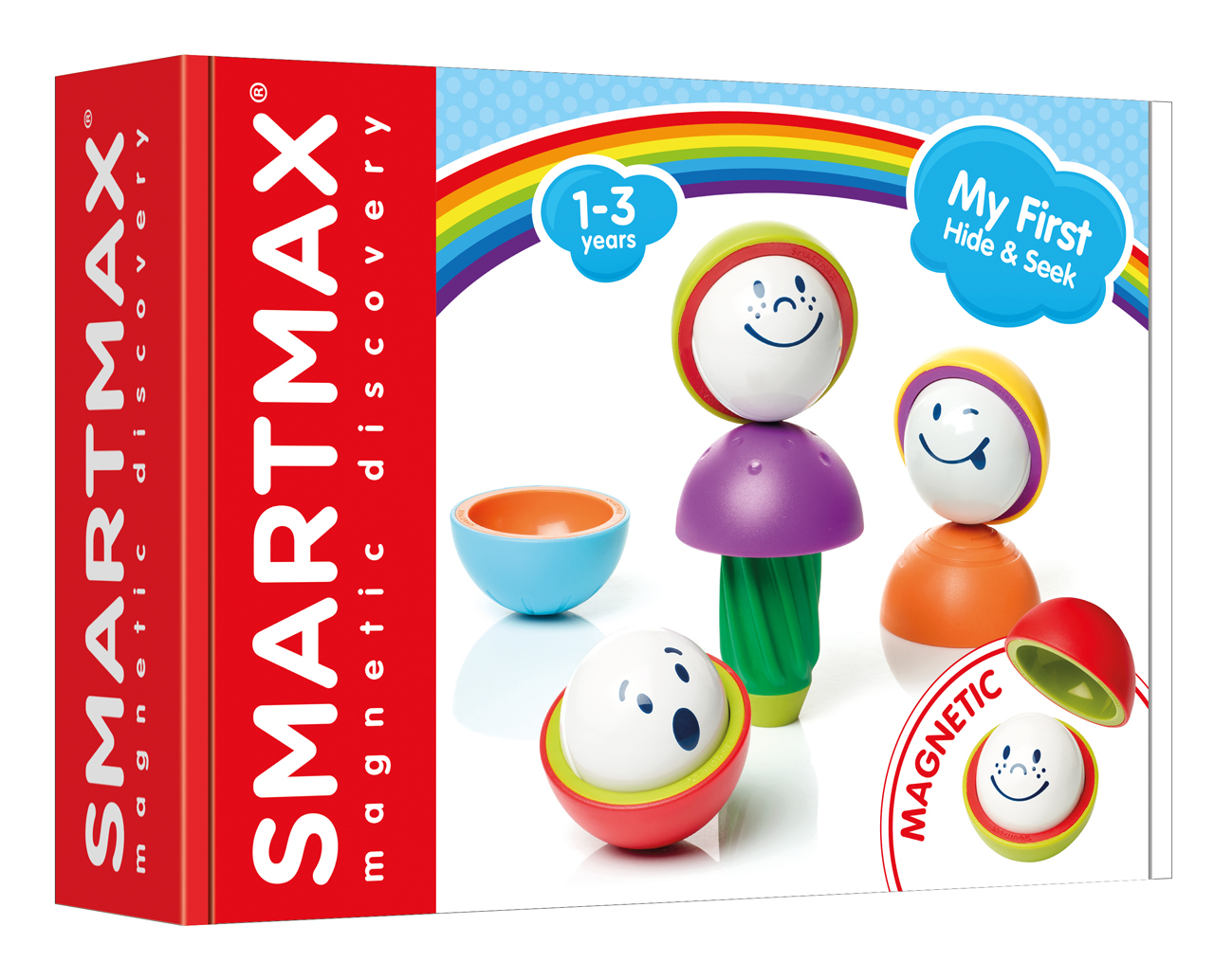 Set di giocattoli con personaggi e scatola. Sfondo bianco.
