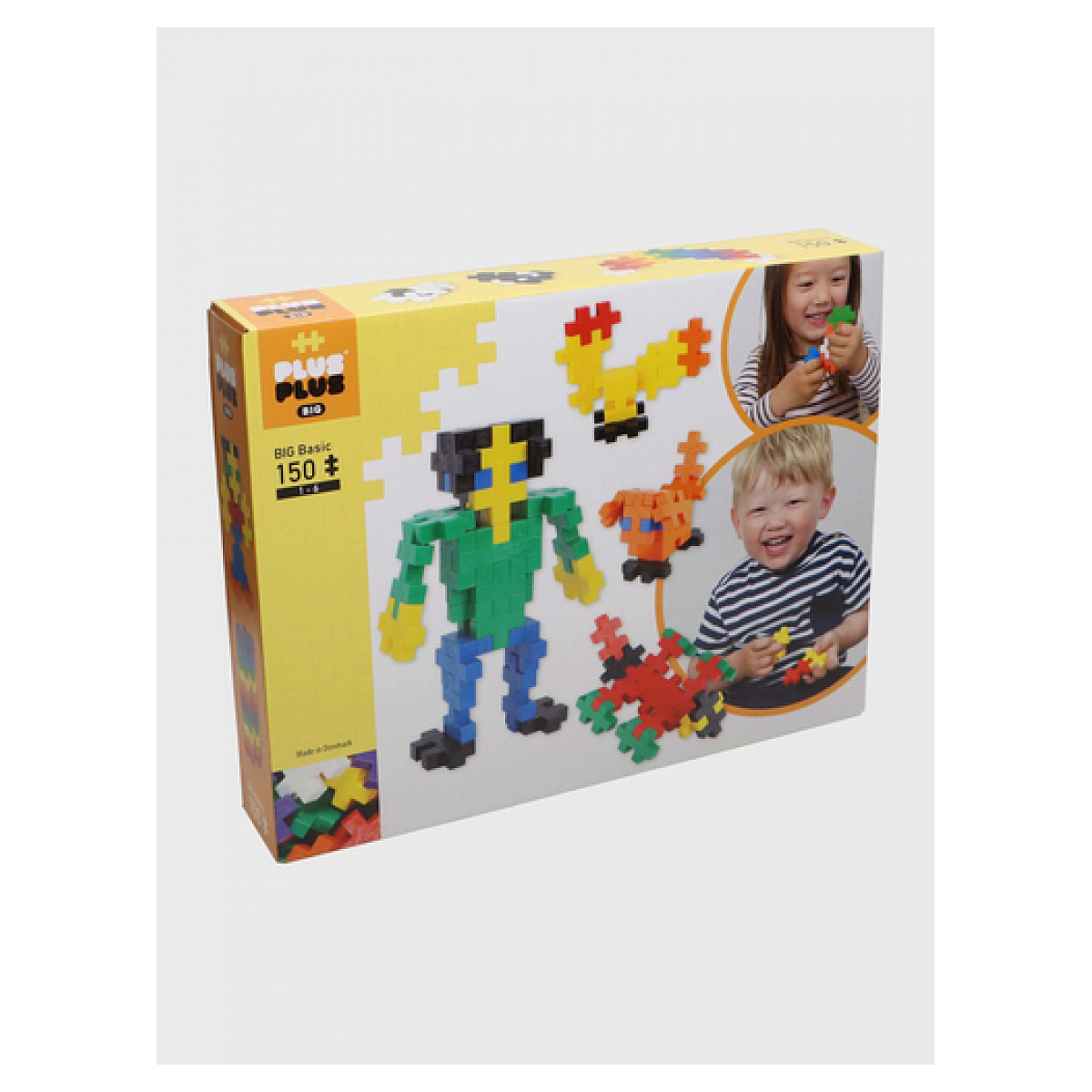 Zestaw zabawek w pudełku z kolorowymi klockami i zdjęciami dzieci bawiących się nimi.