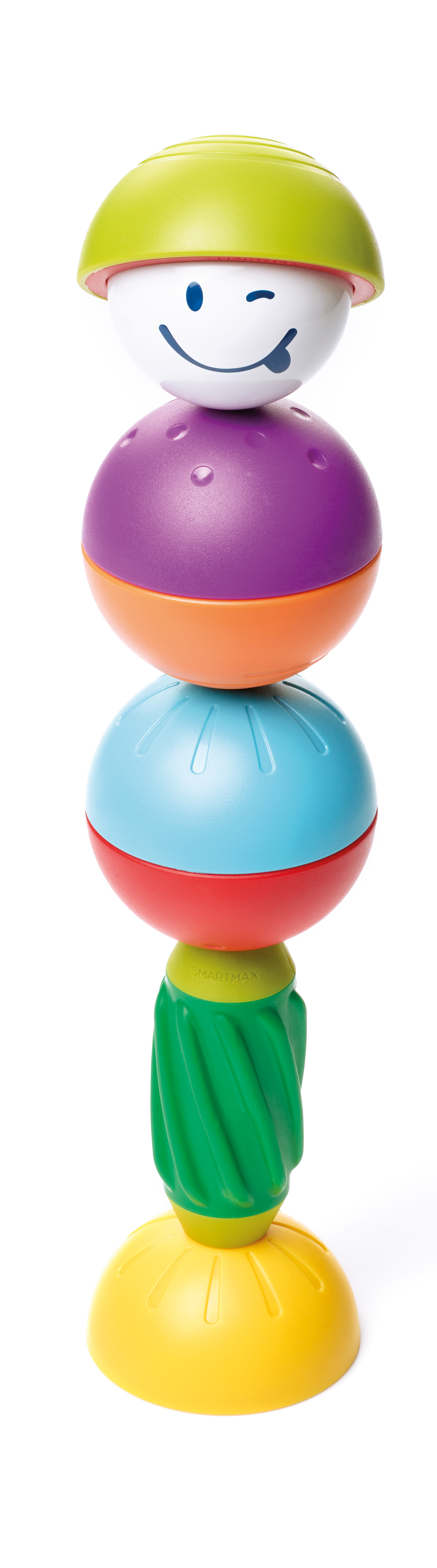 Impilatore giocattolo fatto di palline colorate. Una pallina ha una faccia sorridente.
