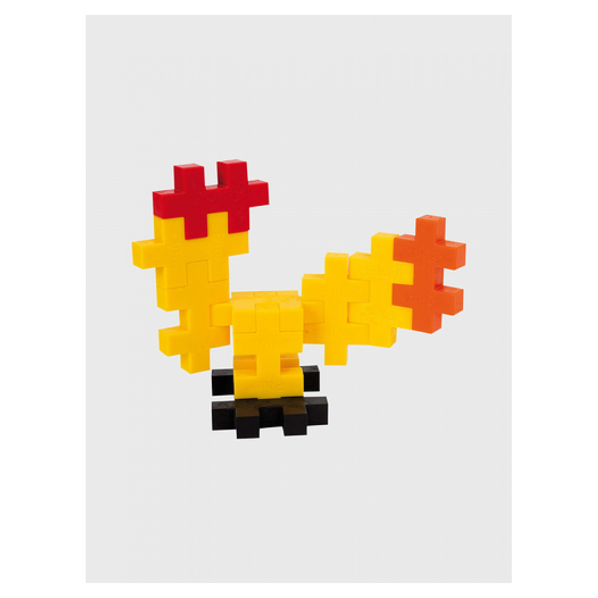Kurczak wykonany z kolorowych plastikowych klocków, czerwonych, żółtych, pomarańczowych i czarnych.