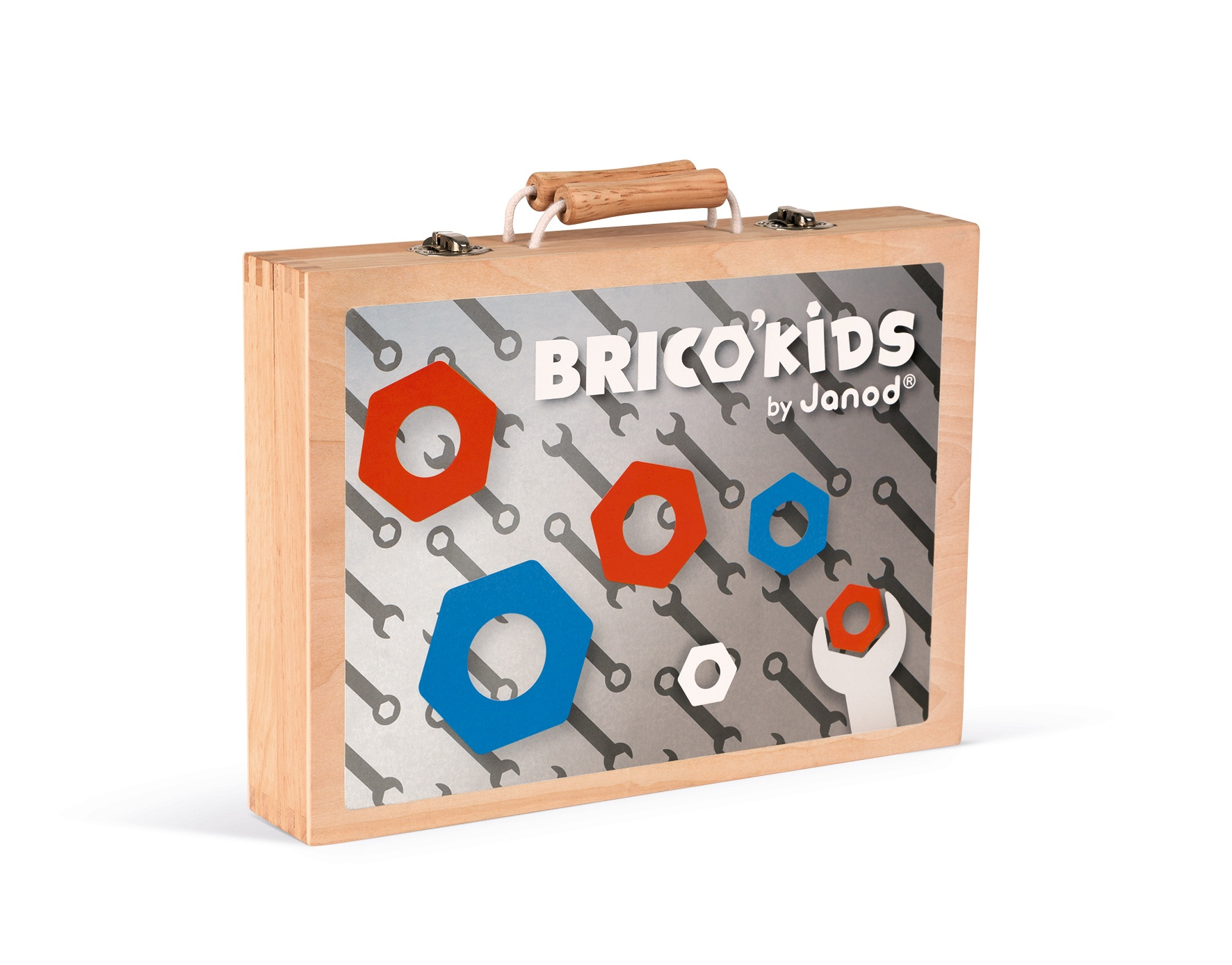 Drewniana skrzynka narzędziowa z kolorowymi kształtami i kluczami. Tekst 'BRICO'KIDS by Janod' jest na niej.