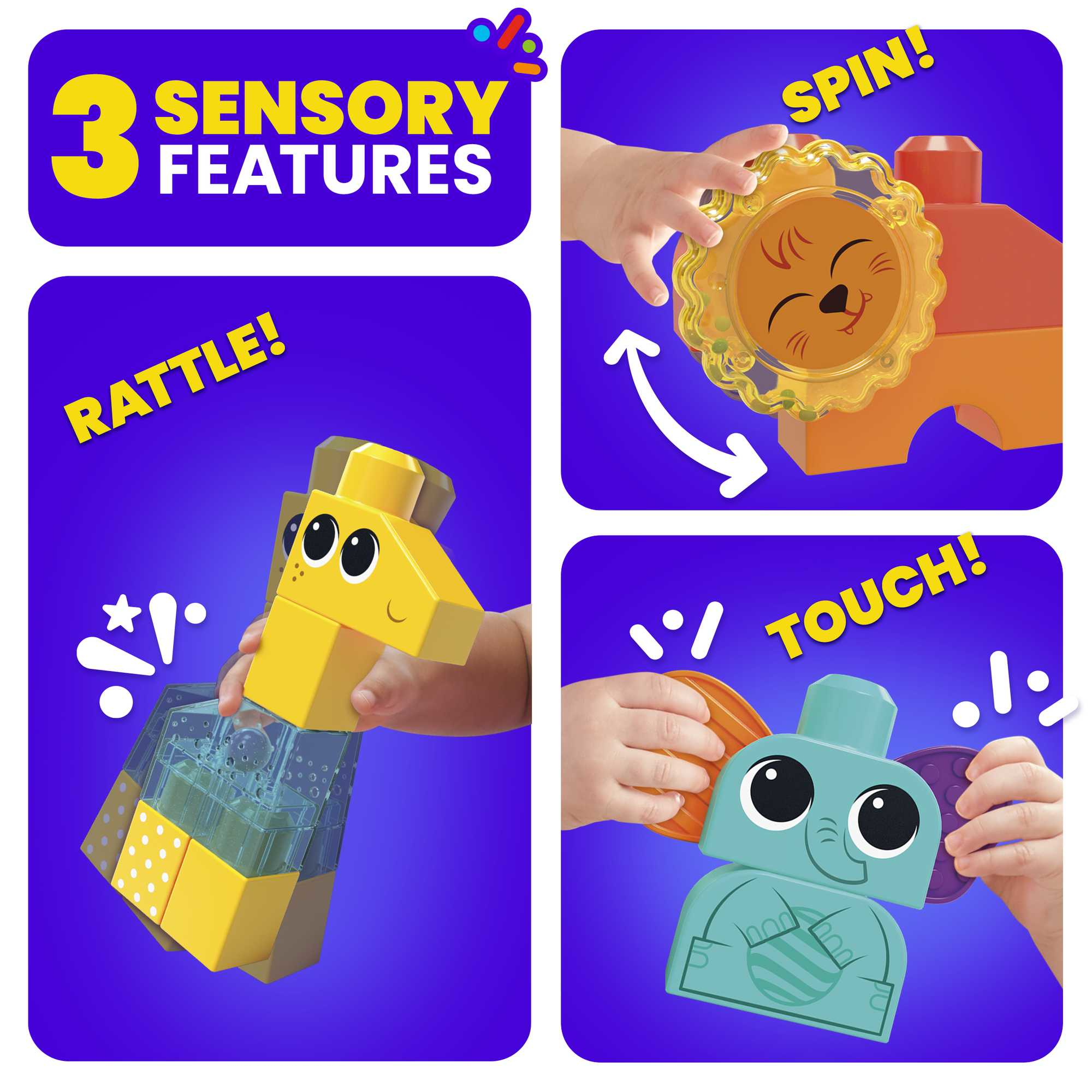 Trzy klocki z funkcjami sensorycznymi: kręcenie, dotykanie i grzechotka. Każdy klocek pokazuje kształty i kolory z dłonią dziecka.