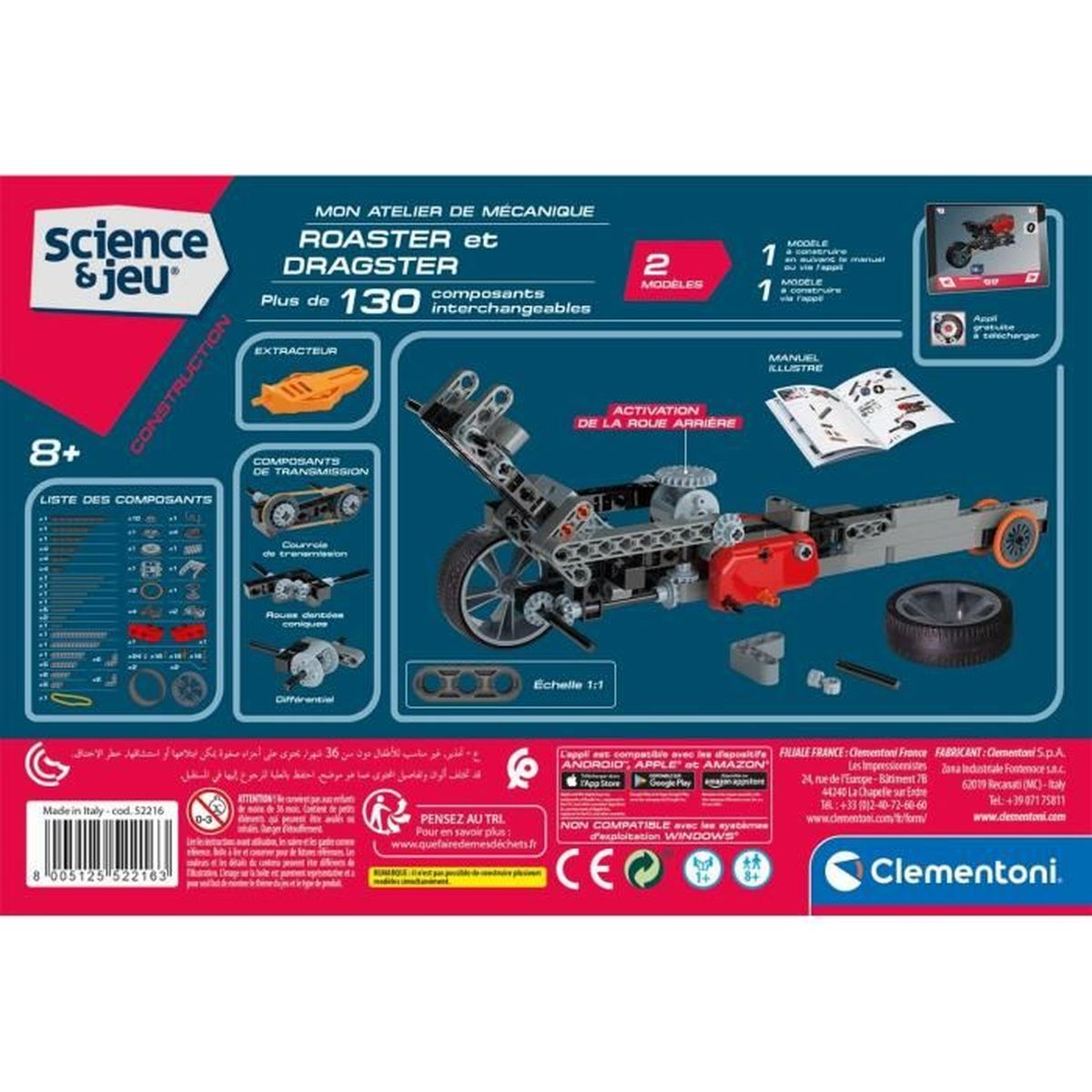 Pudełko zabawki konstrukcyjnej, z wieloma elementami, schematami i modelem pojazdu.