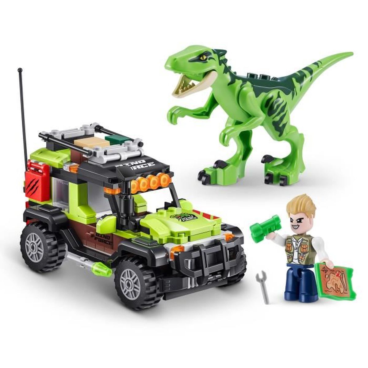Set di giocattoli con jeep verde, dinosauro, figura con pistola e accessori. Bianco.