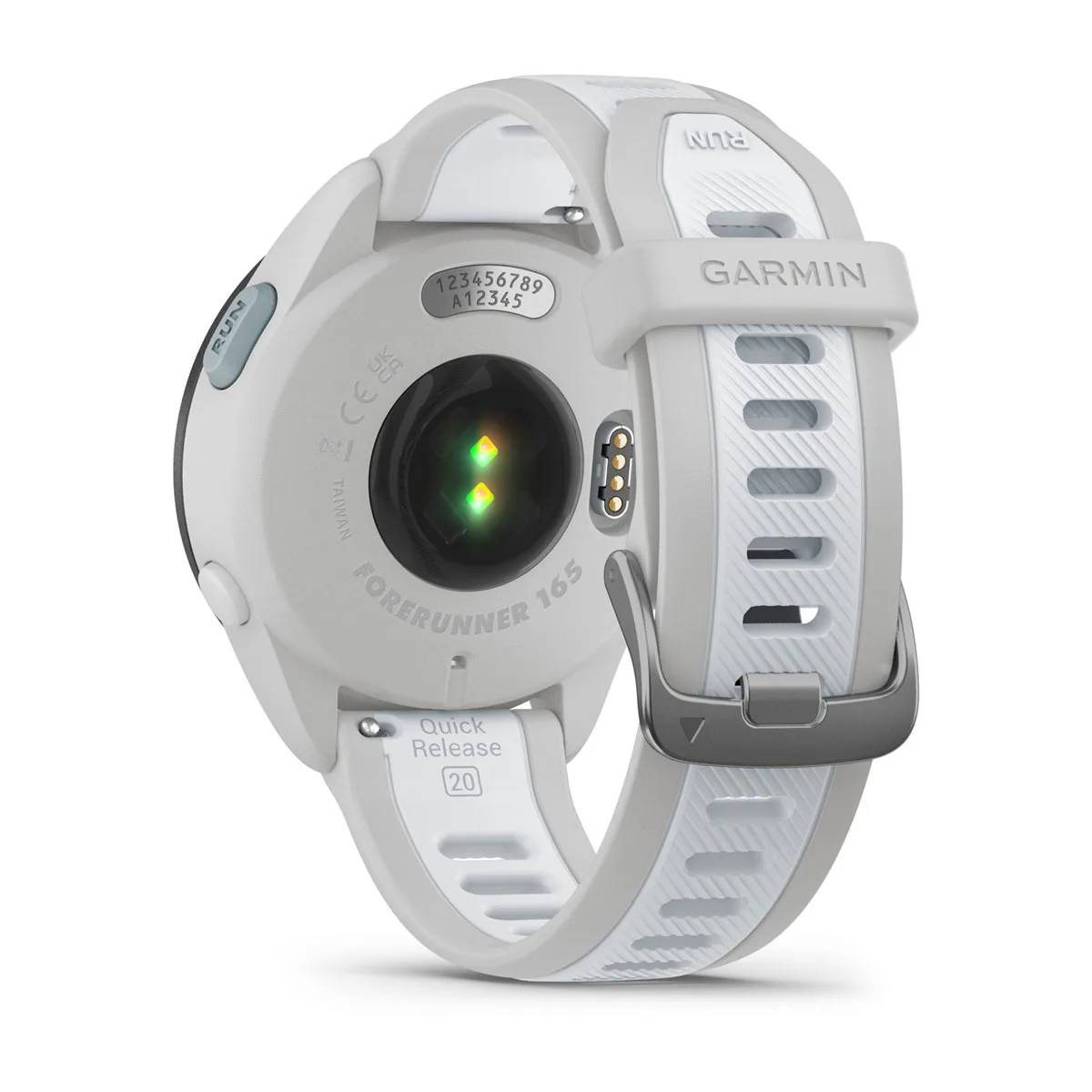 Weiße Garmin Forerunner 165 Smartwatch. Zeigt die Rückseite der Uhr mit Herzfrequenzsensor und Armband.