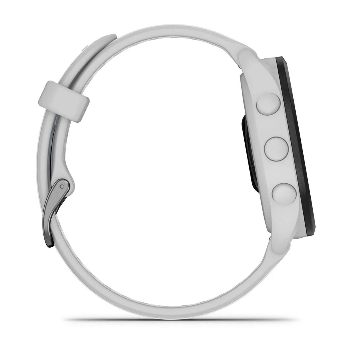 Weiße Smartwatch-Seitenansicht, Armband verbunden, mit Knöpfen auf schwarzem Zifferblatt.