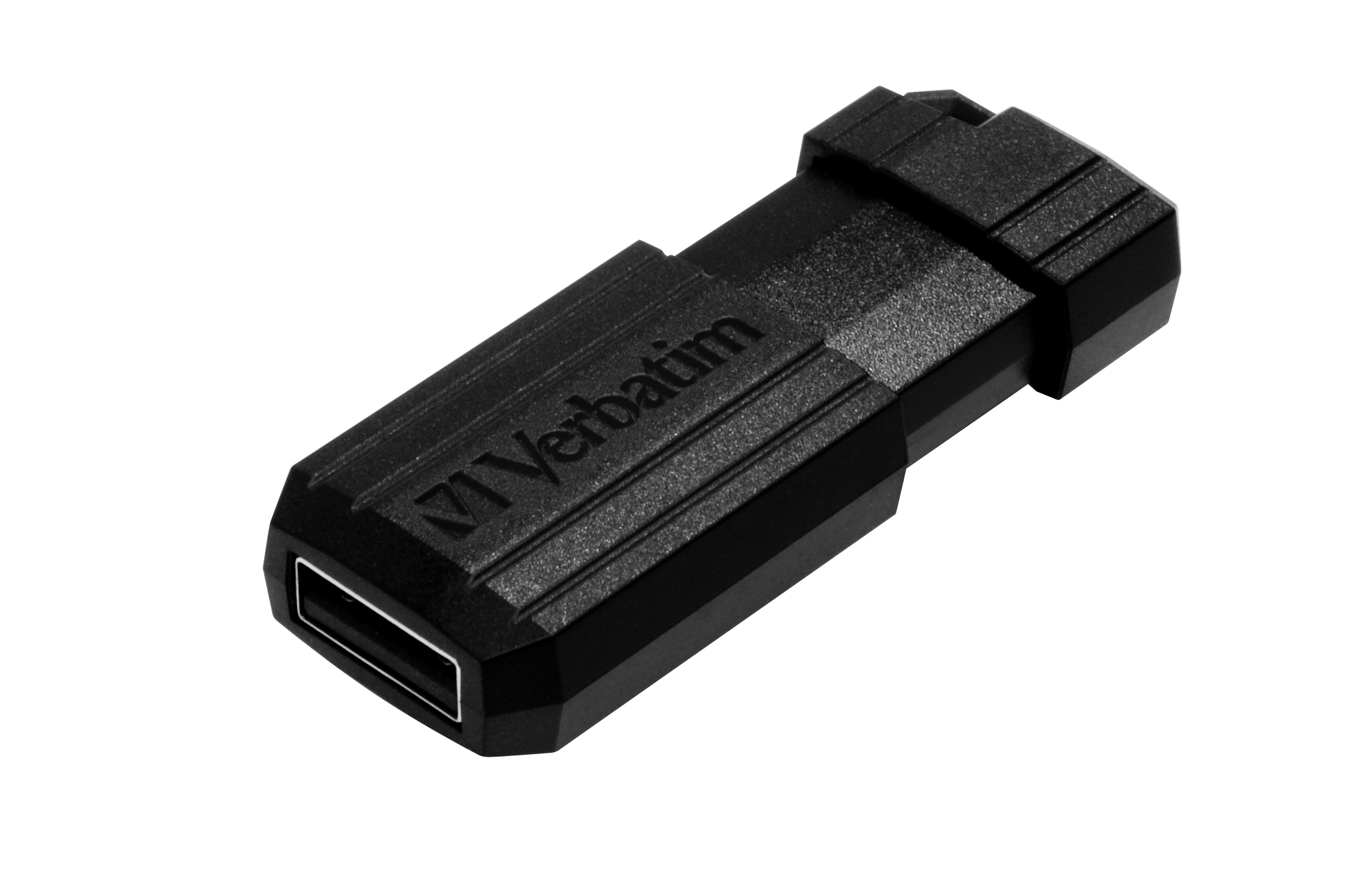 Czarny pendrive z napisem 'Verbatim' na górze. Jest ustawiony pod kątem na białym tle.
