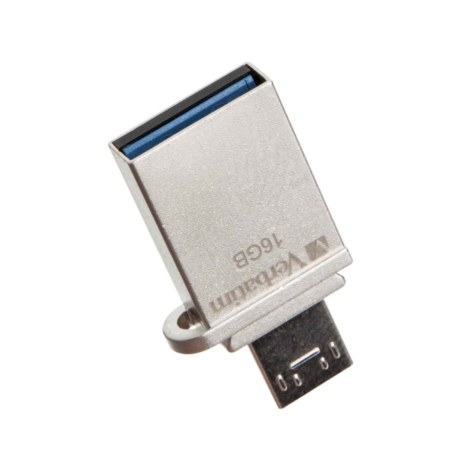 Srebrny pendrive USB z czarnym i niebieskim końcem. Widnieje na nim napis "Verbatim 16GB".