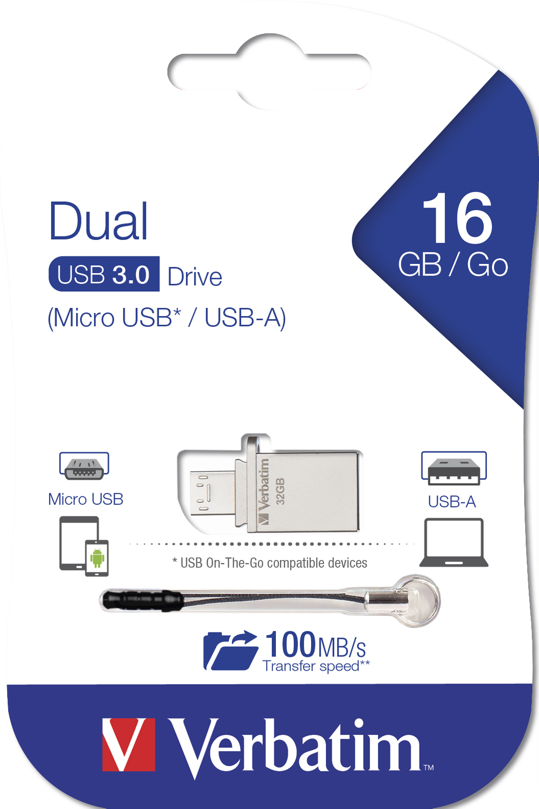 Wyświetlany jest dysk Verbatim USB 3.0 Dual Drive. Jest to dysk Micro USB i USB-A.