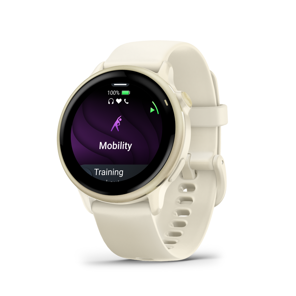 Smartwatch crema con pantalla negra que muestra entrenamiento de movilidad. Correa blanca.