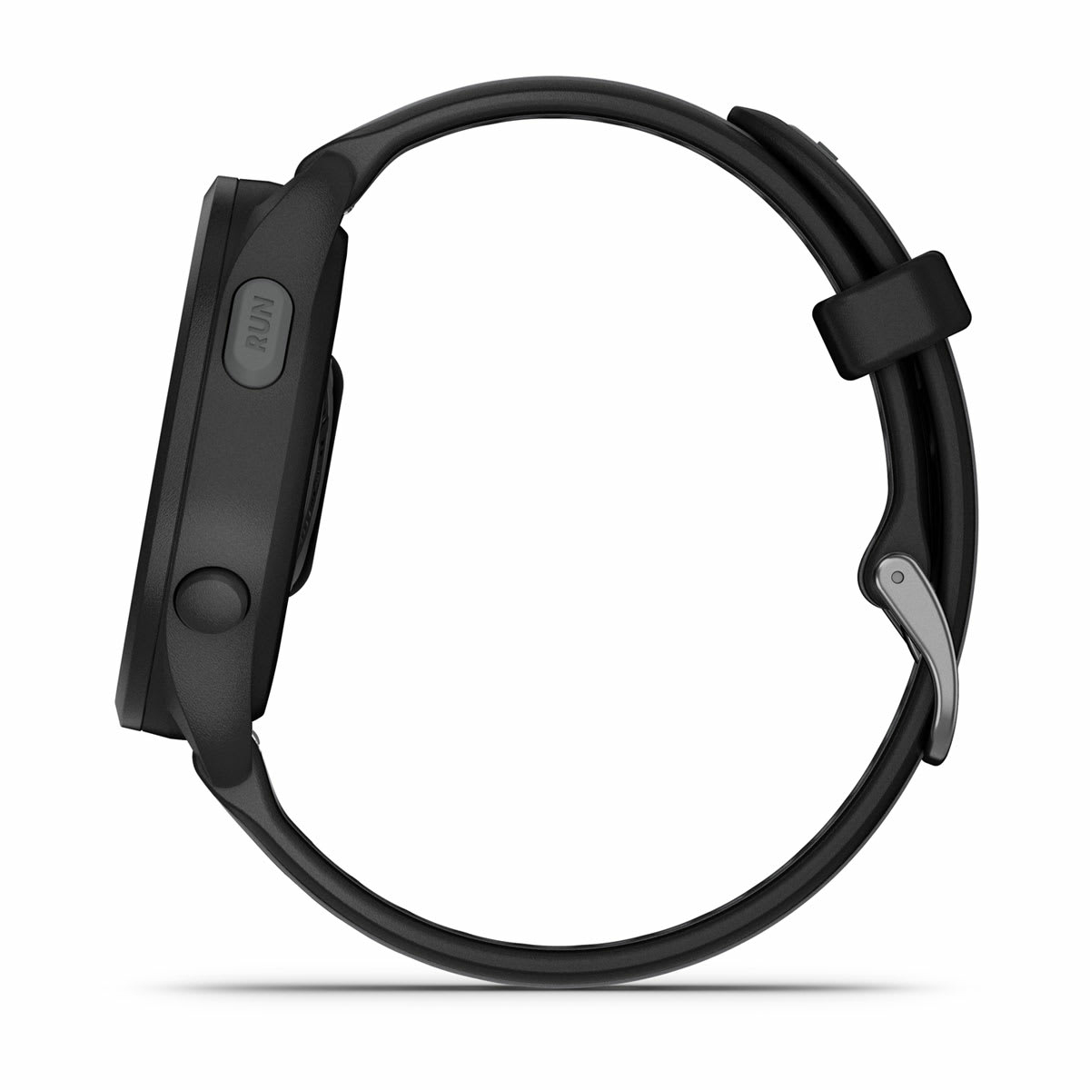 Czarny smartwatch Garmin na białym tle. Widok z boku, pokazujący pasek i przycisk.
