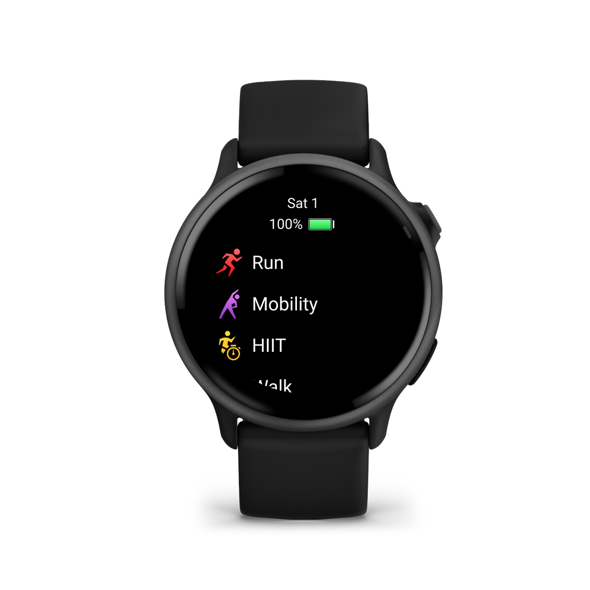 Czarny smartwatch z okrągłym wyświetlaczem pokazującym opcje fitness: Bieganie, Mobilność, HIIT i Chodzenie. 100% baterii.