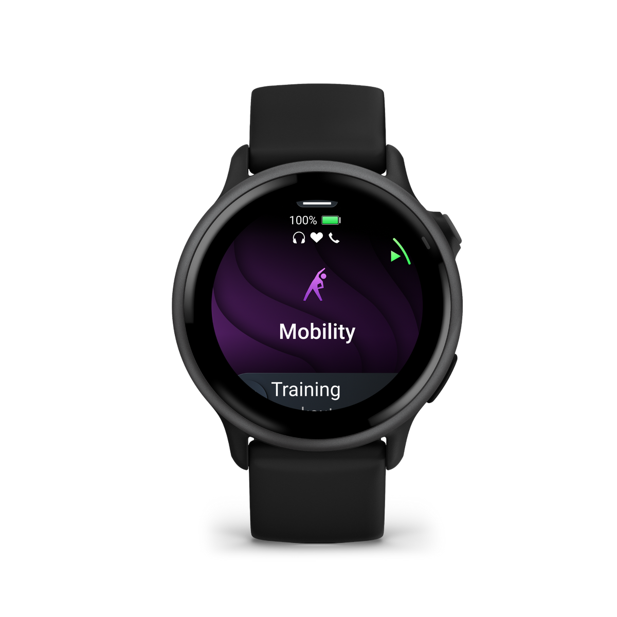 Smartwatch: Czarny smartwatch z okrągłym ekranem wyświetlającym 'Mobilność' i ikony zdrowia.