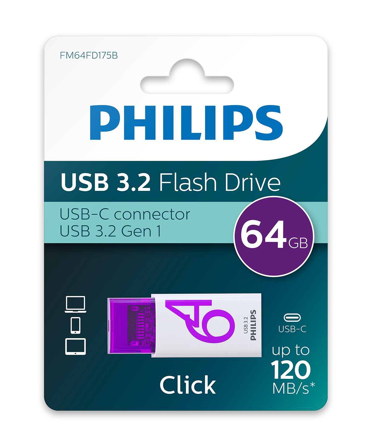 Opakowanie pendrive'a Philips USB 3.2. Dysk jest fioletowy, z tekstem USB 3.2 i 64 GB.