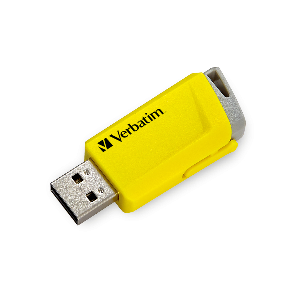 Żółty pendrive USB z czarnym logo 'Verbatim' i szarą nasadką na białym tle.