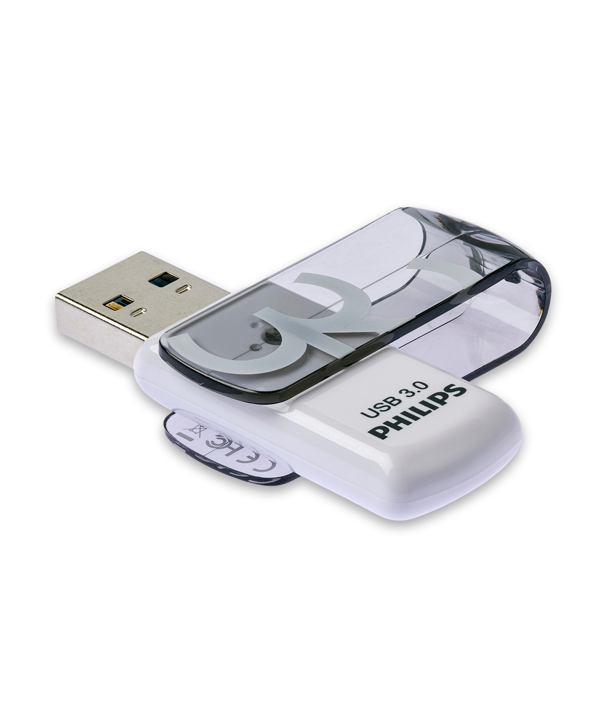 Biały i przezroczysty pendrive USB z logo Philips. Białe tło.