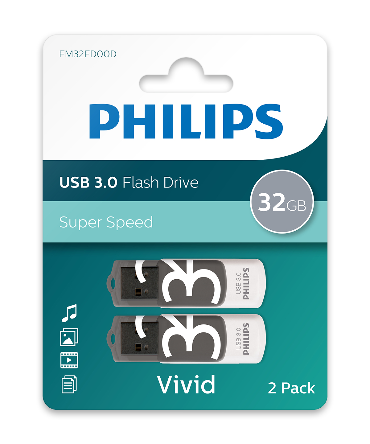 Dwa pendrive'y USB 3.0 w opakowaniu z marką PHILIPS.