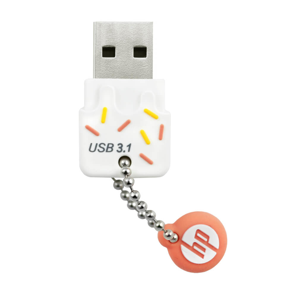 Unidad USB blanca con diseño de helado colorido, cadena con cuentas y un dije con logo naranja.