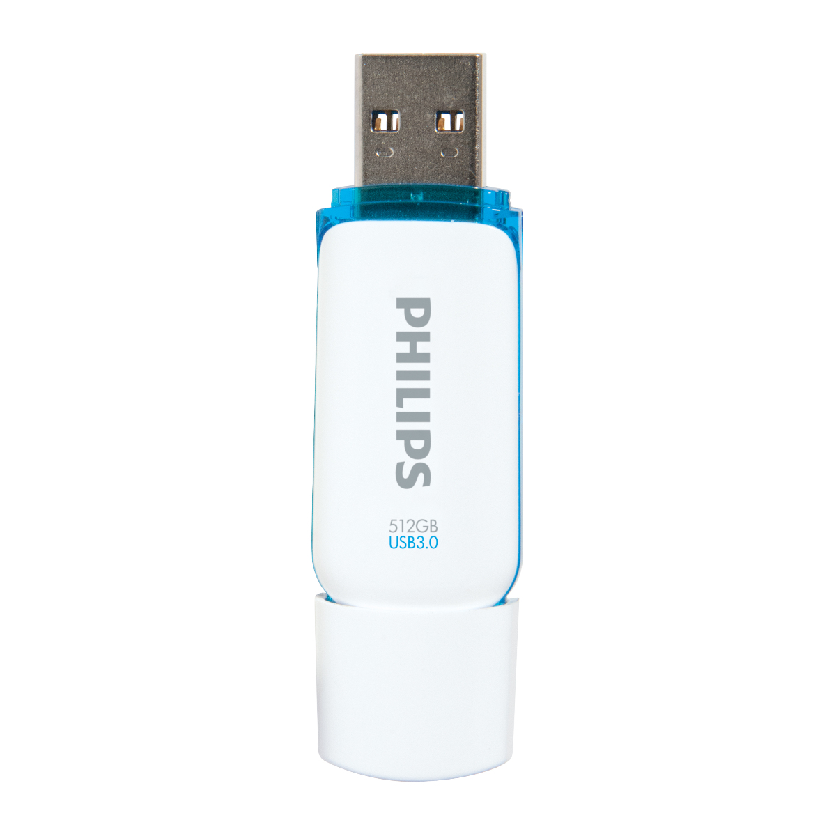 Witte en blauwe Philips USB-drive. De tekst PHILIPS en USB3.0 512GB staat op de drive.